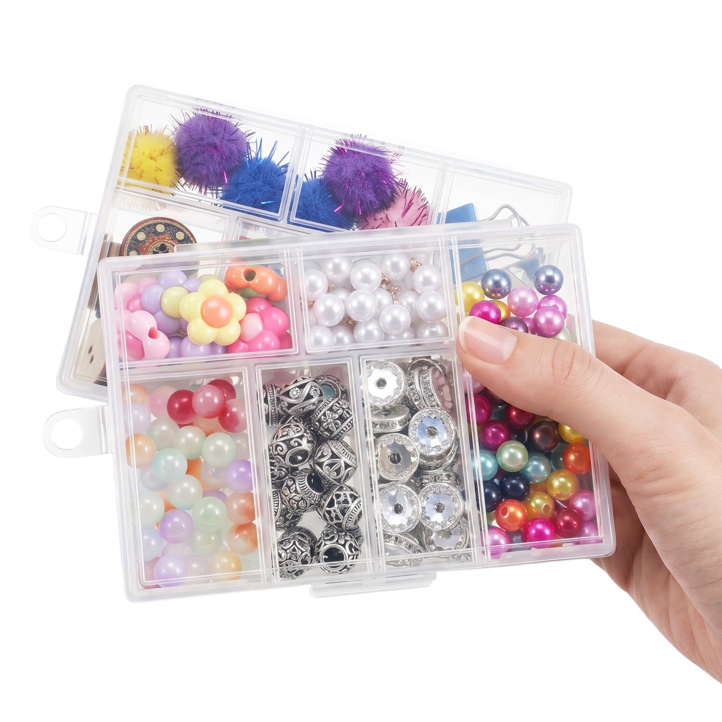 Matwsec 2 Pcs Plastic Organizer Box with Dividers, 6 Compartment Small Organizer Box, Clear Jewelry & Craft Bead Organizer, Travel & Home Storage Container (4.61x3.23x0.94in)
