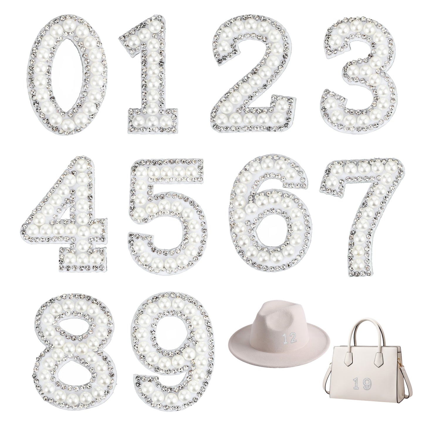 Sorcristy 10 Pcs Pearl Numbers Patches 0-9 Number Rhinestone Applique