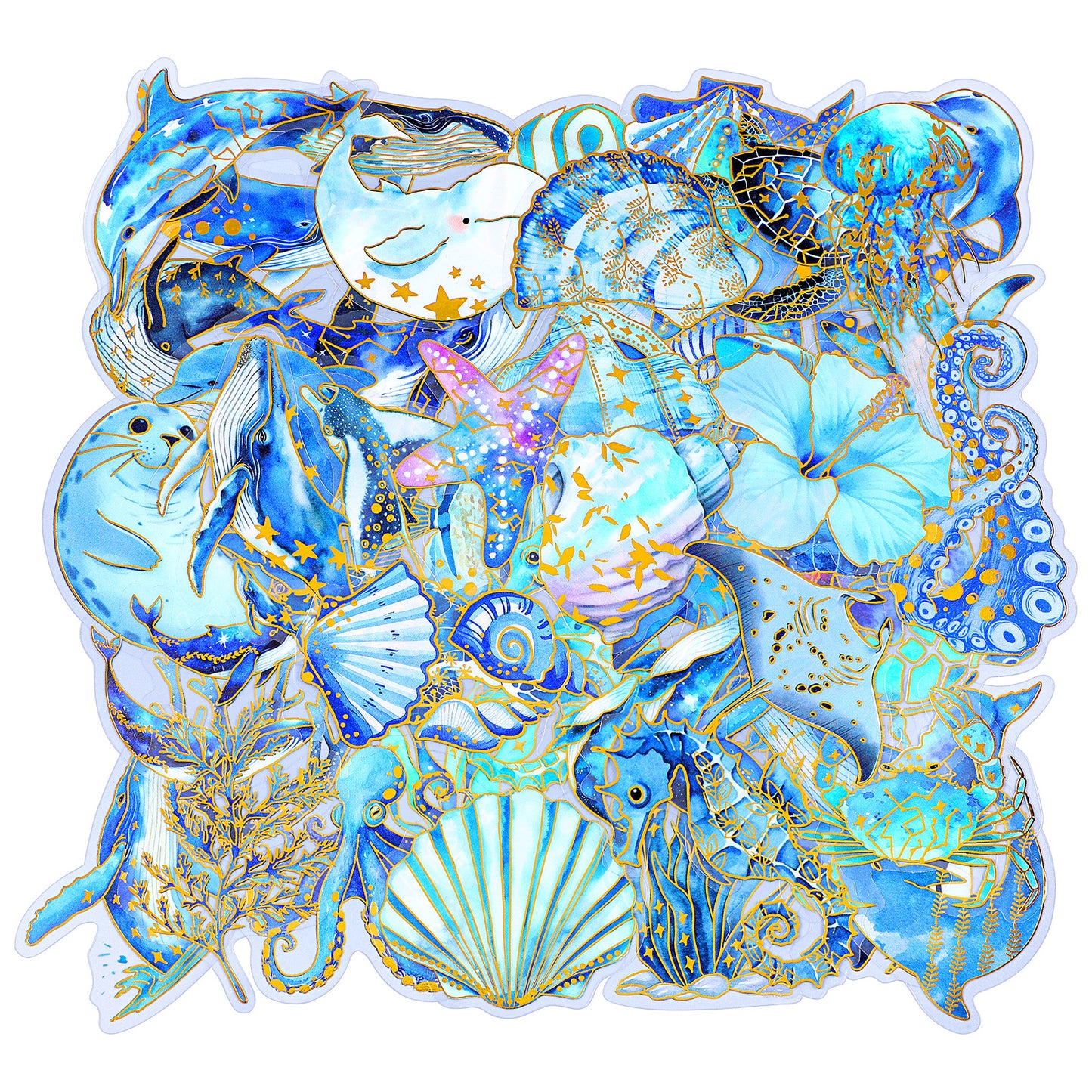Shimmeroo 50Pcs Ocean Animal Stickers with Gold Foil,Holographic Sea Marine Life Animal Stickers - Whale Dolphin Turtle Shell Coral Waterproof Aesthetics Sticker for Scrapbooking,Journaling,Planners