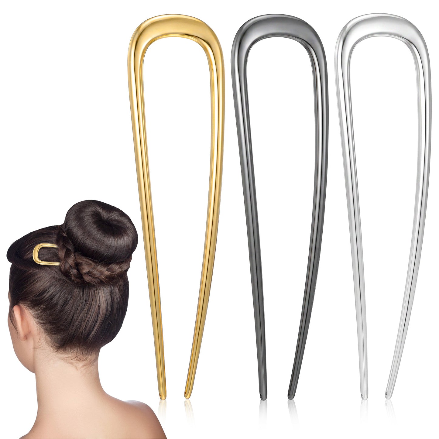Rahhlizs 3 PCS Metal French-Pins Set for Women Buns, French Twists and Updos, Elegant Hair Pin, Good Hold and Comfortable French Hair Pin Accessories(Gold, Black, Silver)