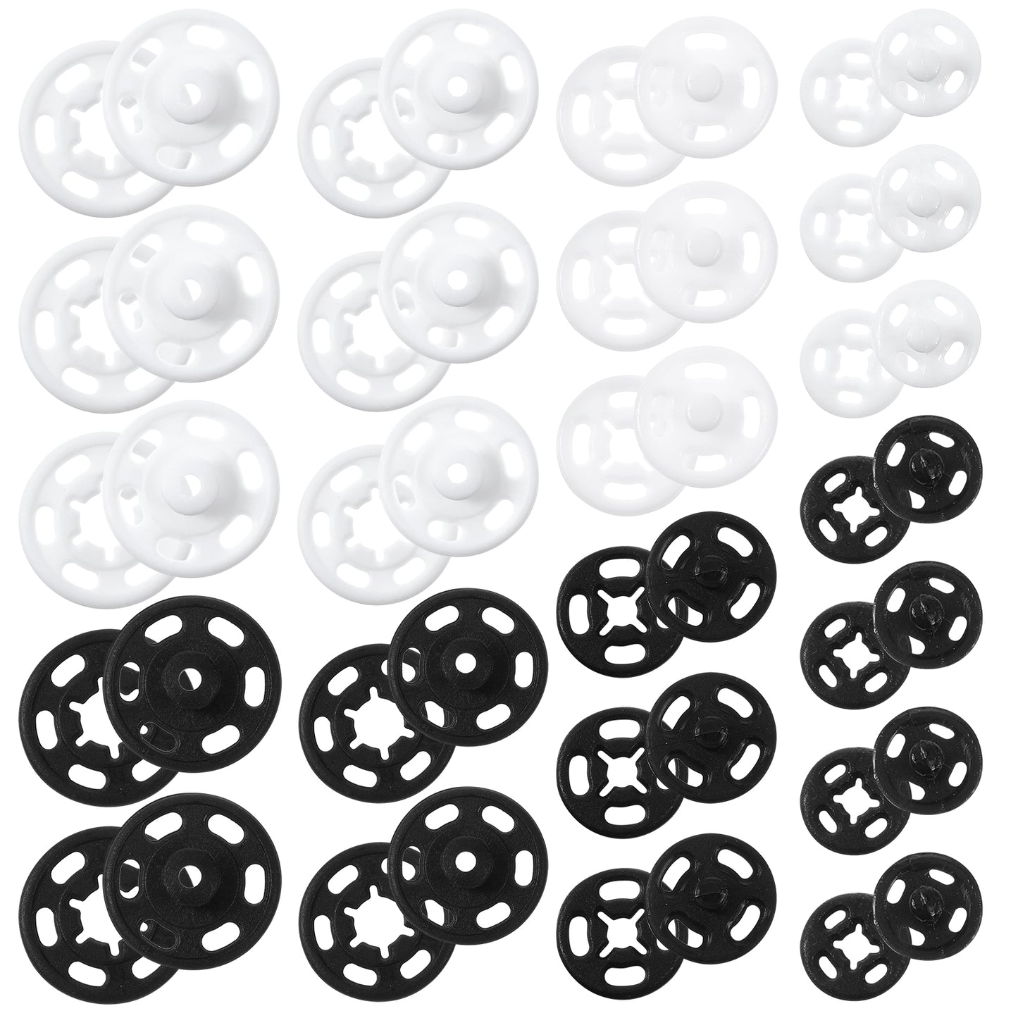 Nogeqi 150 PCS Sew on Snap Buttons for Clothes, Clear Buttons for Sewing, Black Buttons for Crafts, Plastic Snaps for Fabric Sewing Clothing DIY Crafts, 7 mm 13 mm 15 mm 20 mm