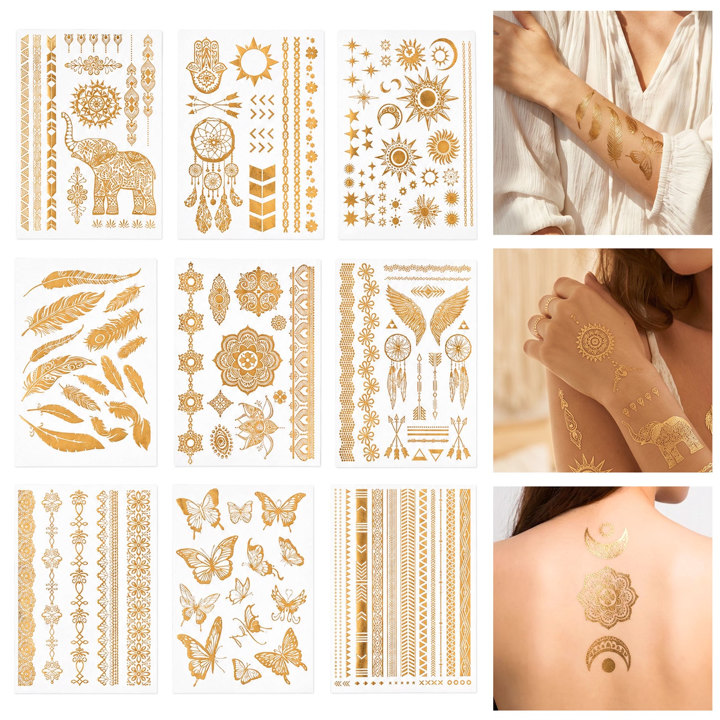 Nogeqi 9 Sheets Gold Temporary Tattoos, Metallic Glitter Tattoos for Women