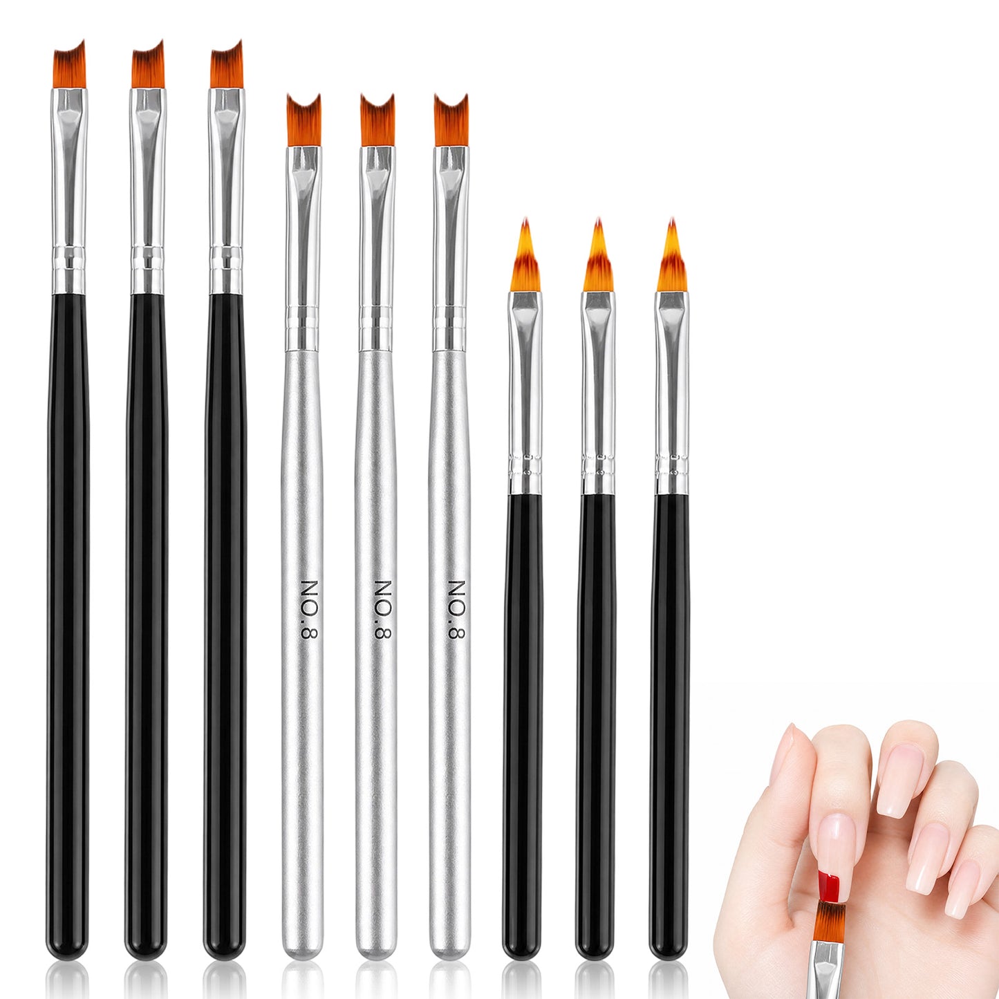 9Pcs French Tip Nail Brushes Set Oblique Head Nail Brushes Oblique Head Brush Moon Shape French Brush with Wood Handle for Nails Tips