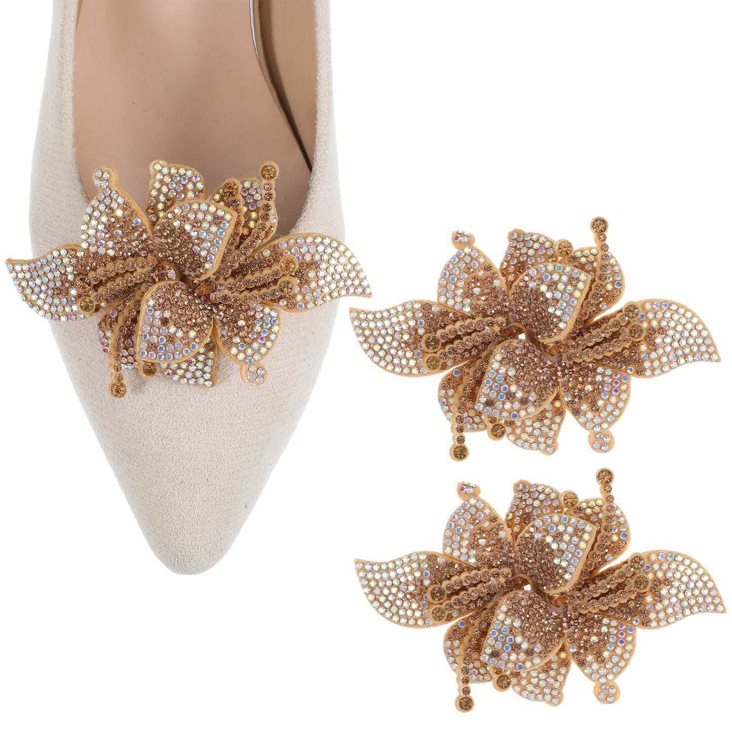 Ymapinc 2Pcs Flower Shoe Clips for Women Dress Shoes, Rhinestone+Fabric Heel Shoe Clip Decorative Metal Bow Clips Buckle High Heel Decor (3.74 * 2.56inch)