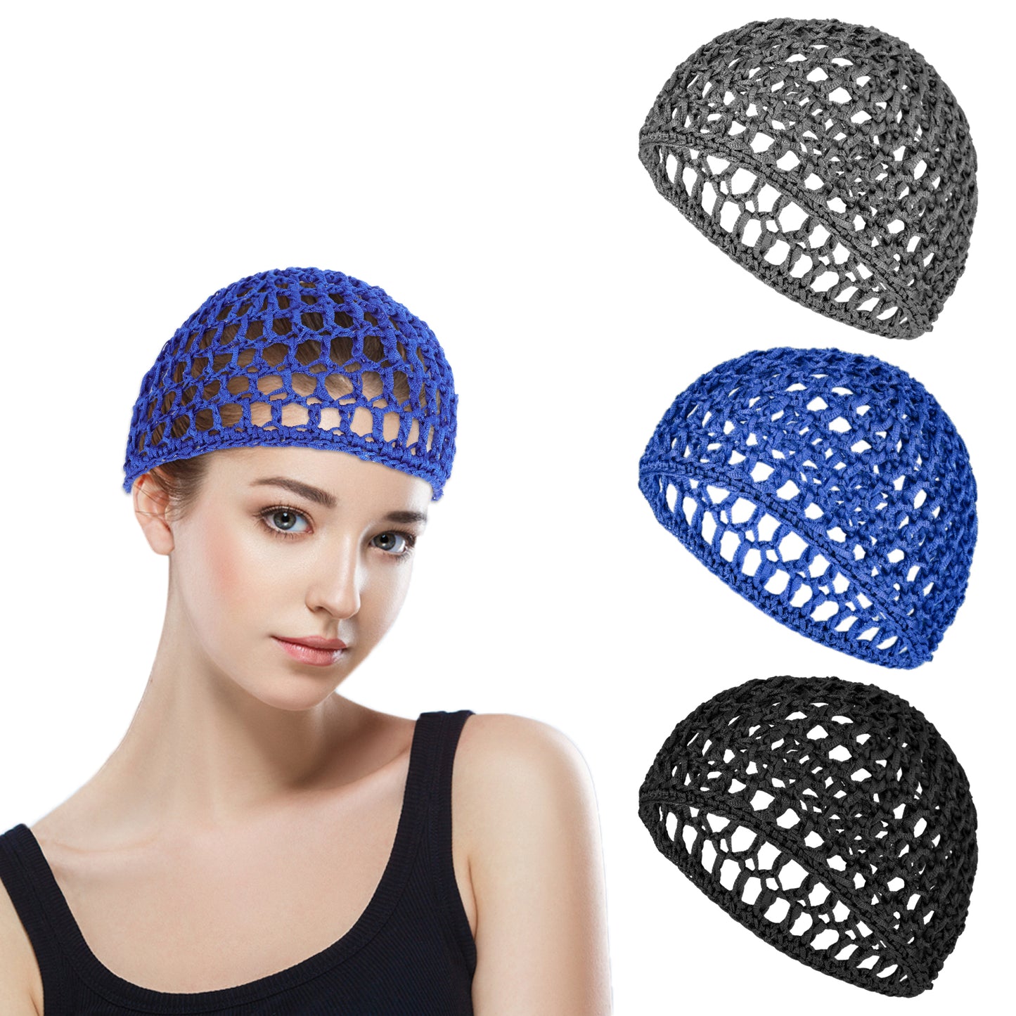 3PCS Hair Nets for Women, Mesh Hairnets Cap Rayon Knit Sleeping Snood Hat, Long Straight Curl Hair Cover Wrap Crochet Mesh Sleep Bonnets Soft Sleep Hat Hair Accessories(Black/Navy Blue/Dark Gray)