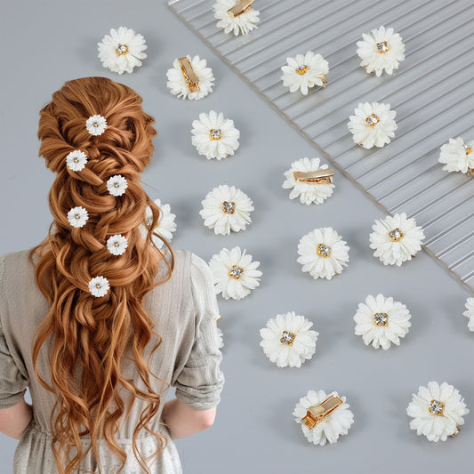 Ymapinc 24PCS Small Flower Hair Clips for Women, Mini White Fake Daisy Hair Clips with Rhinestone, Elegance Daisy Accessories for Wedding Party - Soft Fabric Floral Pins