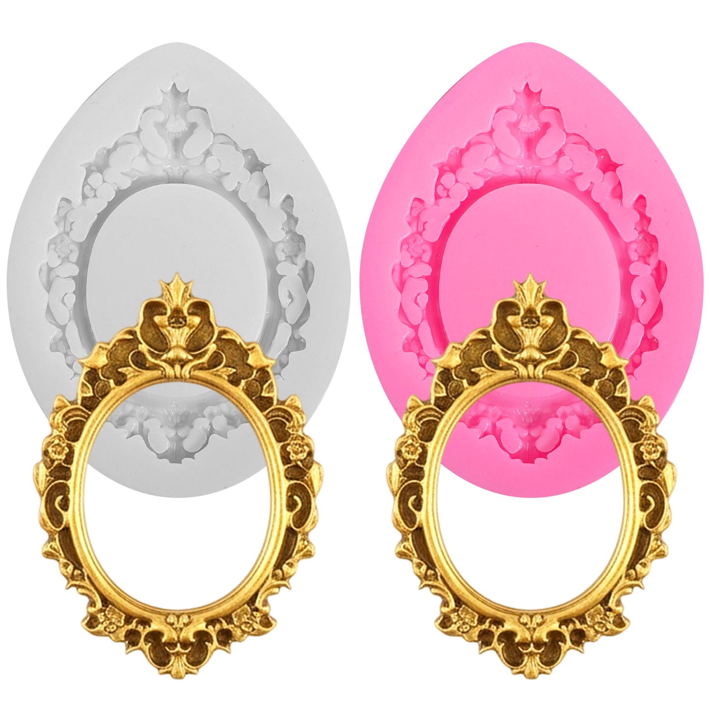Matwsec 2 Pcs Silicone Frame Mold, Photo Frame Silicone Molds, 2.44x3.23 Inch Mini Picture Frame Mold for Fondant, Chocolate, Polymer Clay, Cake Decorating Cupcake Topper, Pink & Gray