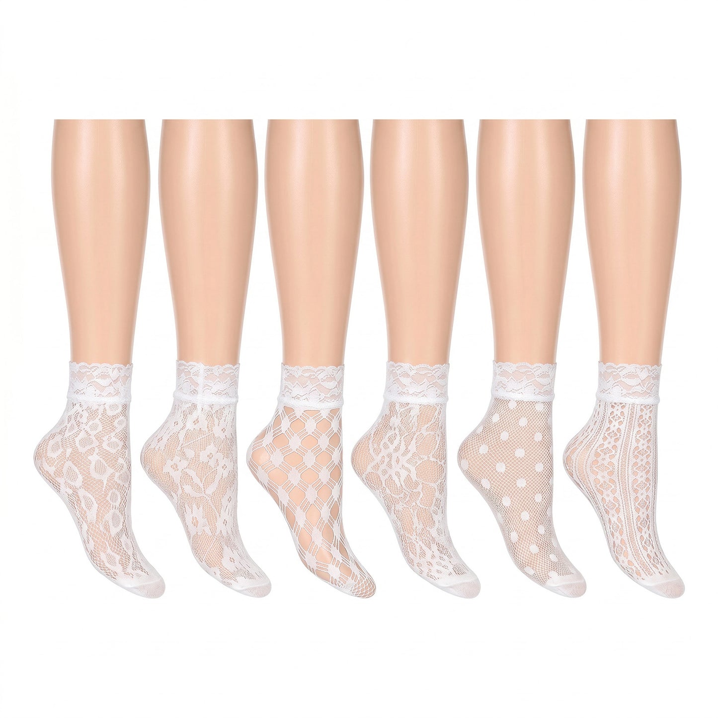 RAHHLIZS 6 Pairs Lace Ankle Socks for Women White Mesh Sheer Lace Dress Sock, Ultra Thin Mesh Fishnet Crew Socks White Transparent Fishnet Sock for Women Girls