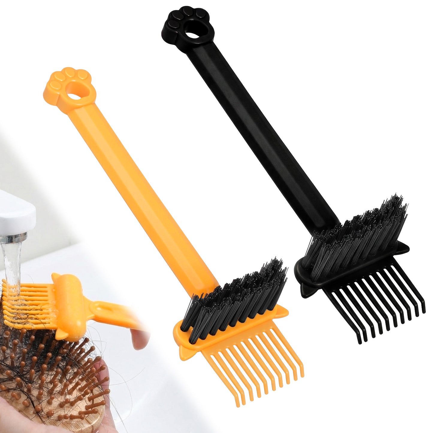 2Pcs 2-in-1 Hair Brush Cleaner Tool, Effective Hairbrush Cleaner, Small Portable Suitable, Removes Hair & Dust from Combs, Mini Cleaning Rake with Pick & Bristles for Home and Salon Use (Green/Yellow)
