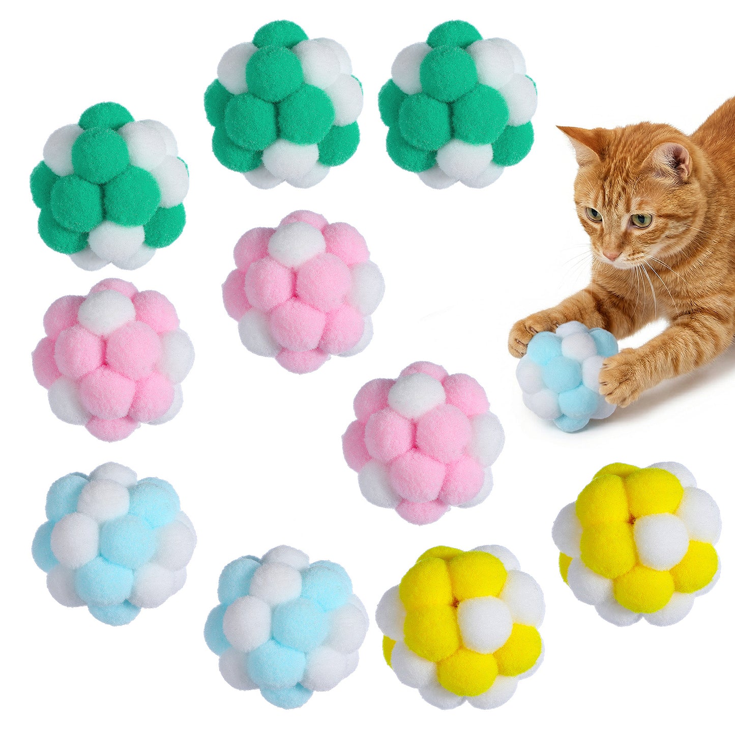 Matwsec 10 Pcs Cat Pom Poms Balls Cat Toy Ball Fuzzy Balls for Cats Kitten Soft Pom Poms Fuzzy Ball Funny Interactive Toys for Bored Indoor Outdoor Cats Kitten Playing Chewing Scratching