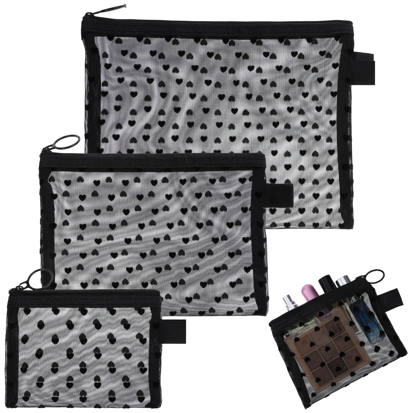 Nogeqi 3 Pcs Small Makeup Bag for Handbag Mesh Mini Make Up Bag Heart Print Cosmetics Bags with Zipper Small Makeup Pouch for Women Toiletry Daily Organizer Travel Essentials, Black