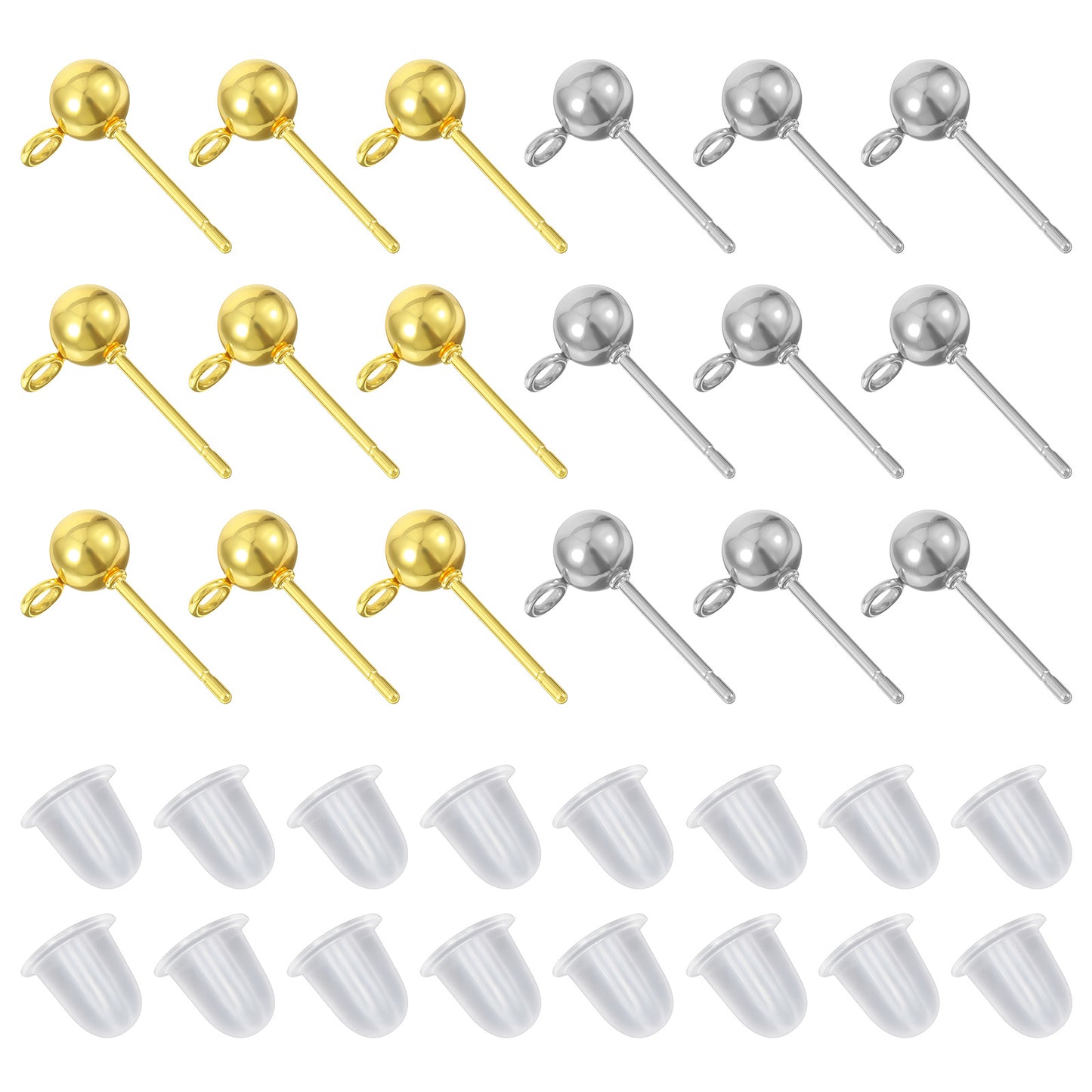 60 Pcs Ball Post Earring Studs for Jewelry Making with Loop Round Ball Earring Posts Gold SilverBalls Post Earrings Studs and 200 Pcs Clear Earrings Backs Plugs for DIY Women Mother Festival Gifts