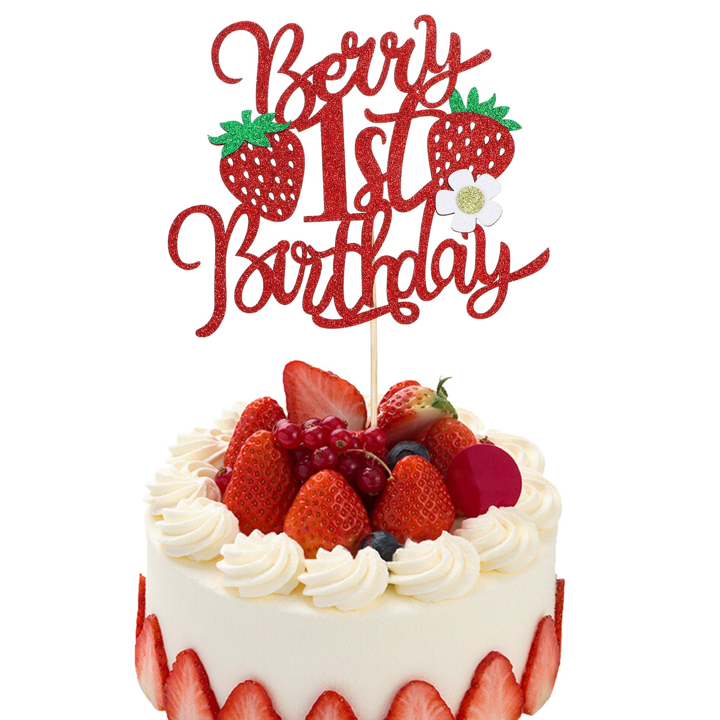 Ouligay Berry 1st Birthday Cake Topper, Sweet Strawberry Theme Cake Decorations for 1st Birthday Party Baby Shower Fruit Theme Cake Decor Supplies