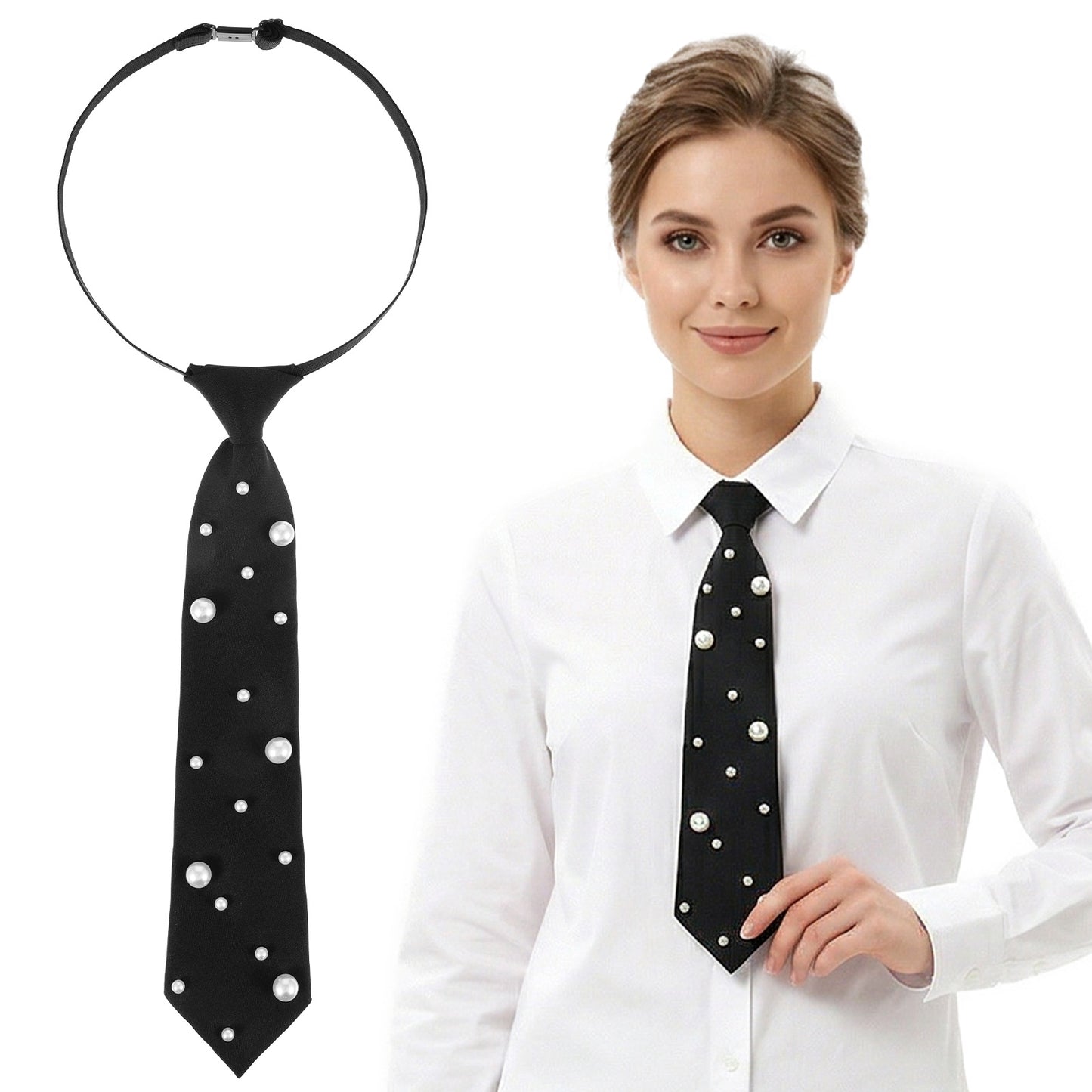 Matwsec Black Tie for Women 14" Pre-Tied Pearl Ties for Women Adjustable Necktie Black Neck Ties Accessory for School Business Wedding Cosplay