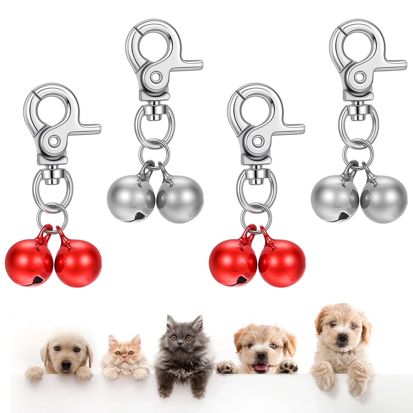 4 Pcs Dog Bells Dog Collar Charms Pet Hanging Ring Bell Accessories for Dogs Cat, Pet Pendant Collar Charm Accessories Training Collars Charm with Heavy Duty Snap Clips, Silver Red Collars Necklace