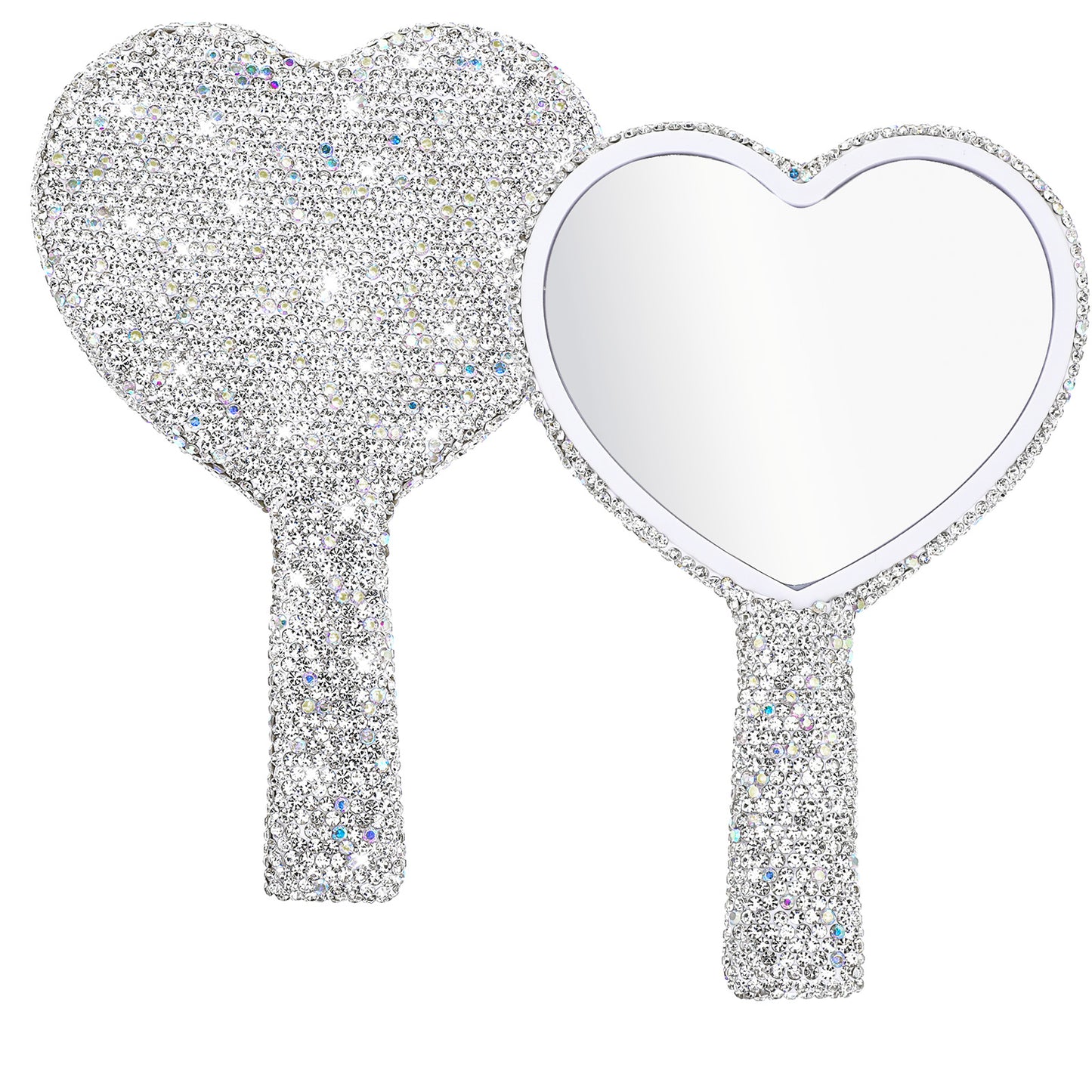 Rhinestone Mirror Handheld Large Heart With Handle Glitter Hand Held Portable Travel Cosmetic Shaped Cute Makeup for Women White Bling Mirrors Single Sided for Wedding Birthday Valentine's Day Gift