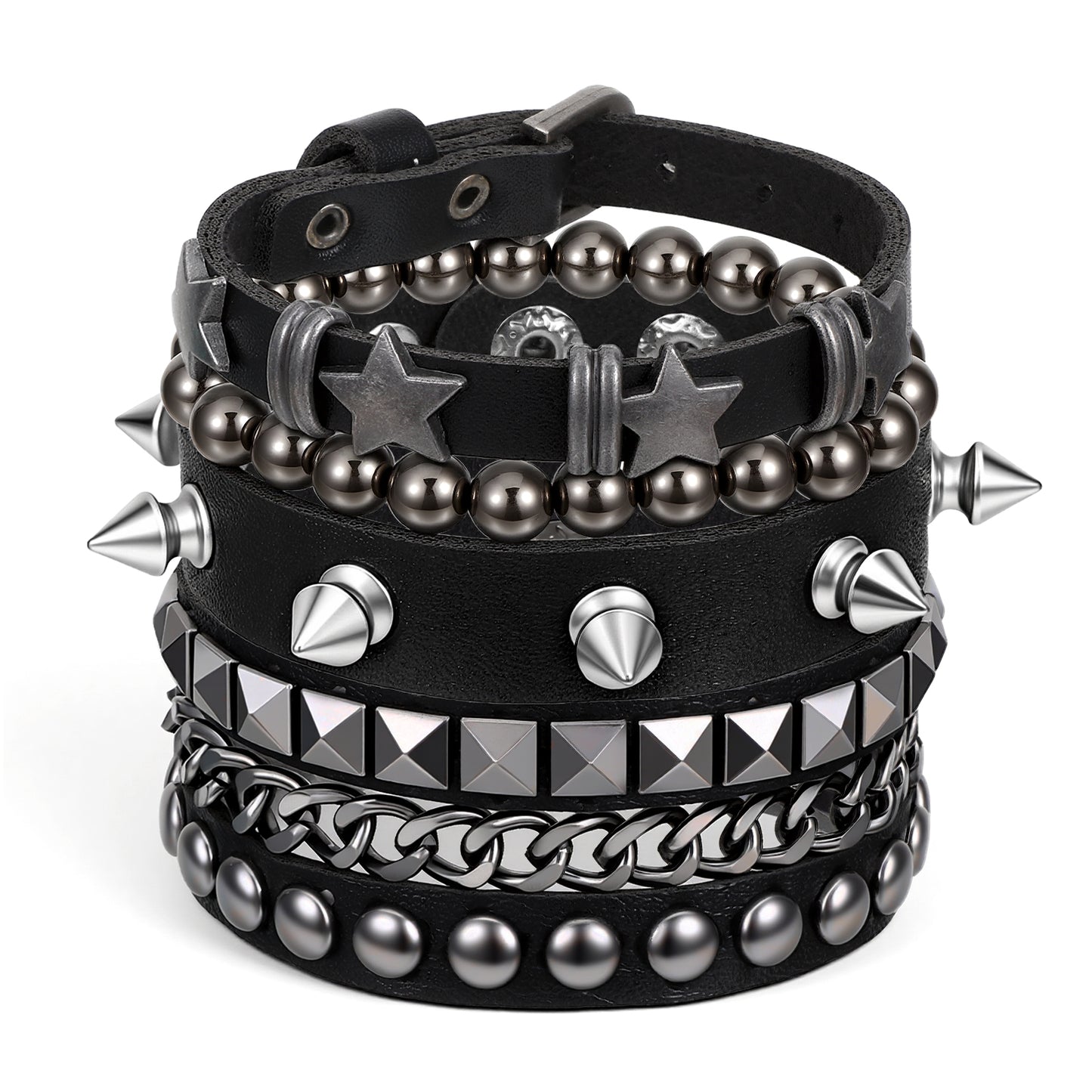 Mabor 4Pcs Punk Studded Bracelet, Leather Spike Cuff Bracelet for Men Women