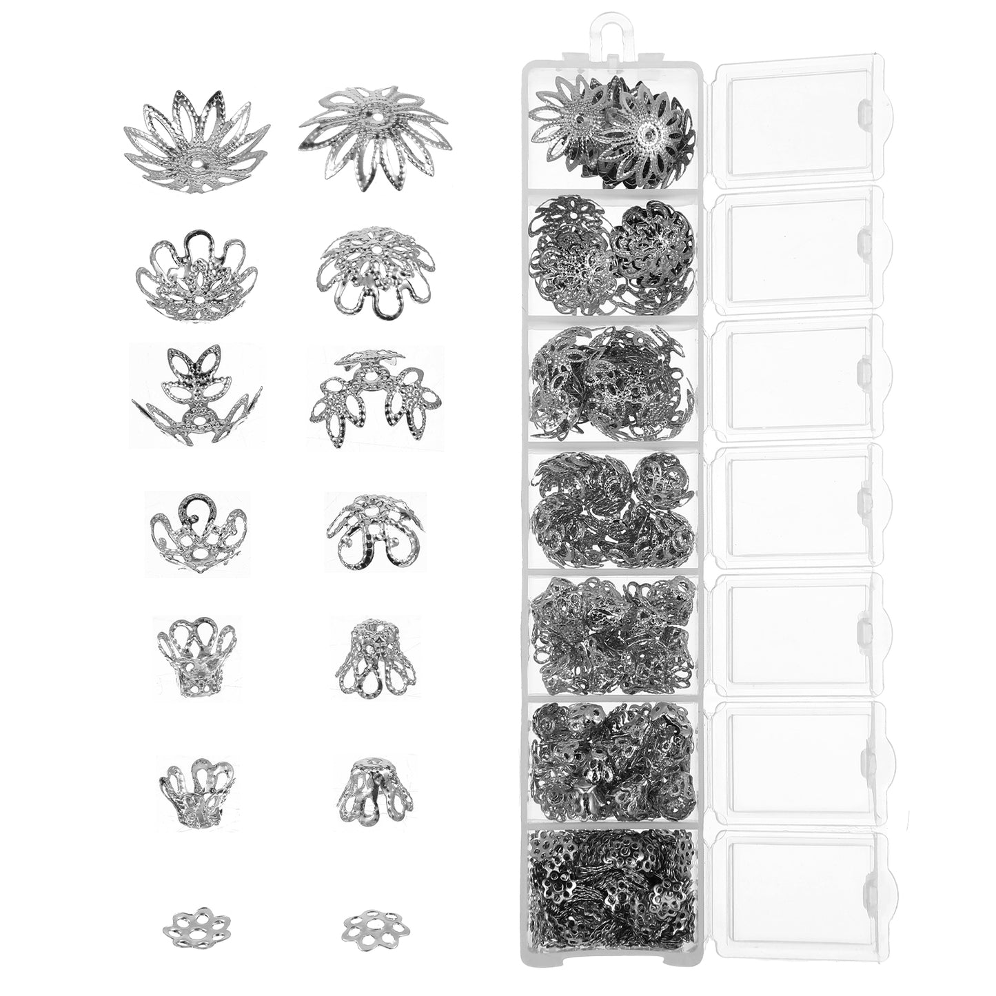 Shimmeroo 408Pcs Bead Caps for Jewelry Making,Flower Shaped Beads Metal Caps Spacer for DIY Jewelry Making Bracelet Necklace Earrings (Silver,7 Styles)