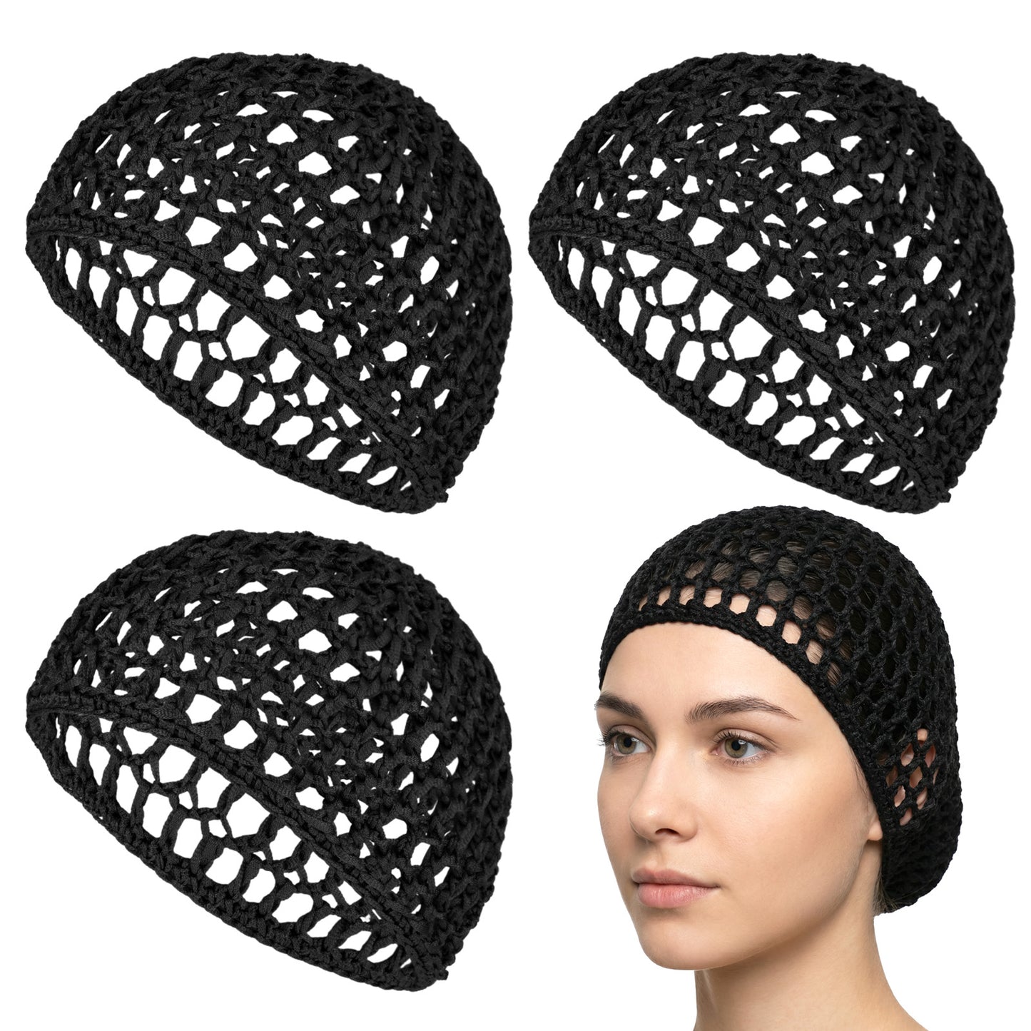 4 Pcs Hair Nets Wrap Cap for Sleeping Shower Crochet Mesh Wrap Caps for Silk Press Wig Protection Soft Reusable Hairwrap for Keep Curls Ballet Bath Women Quick Weave Hair Net for Cosplay, Black