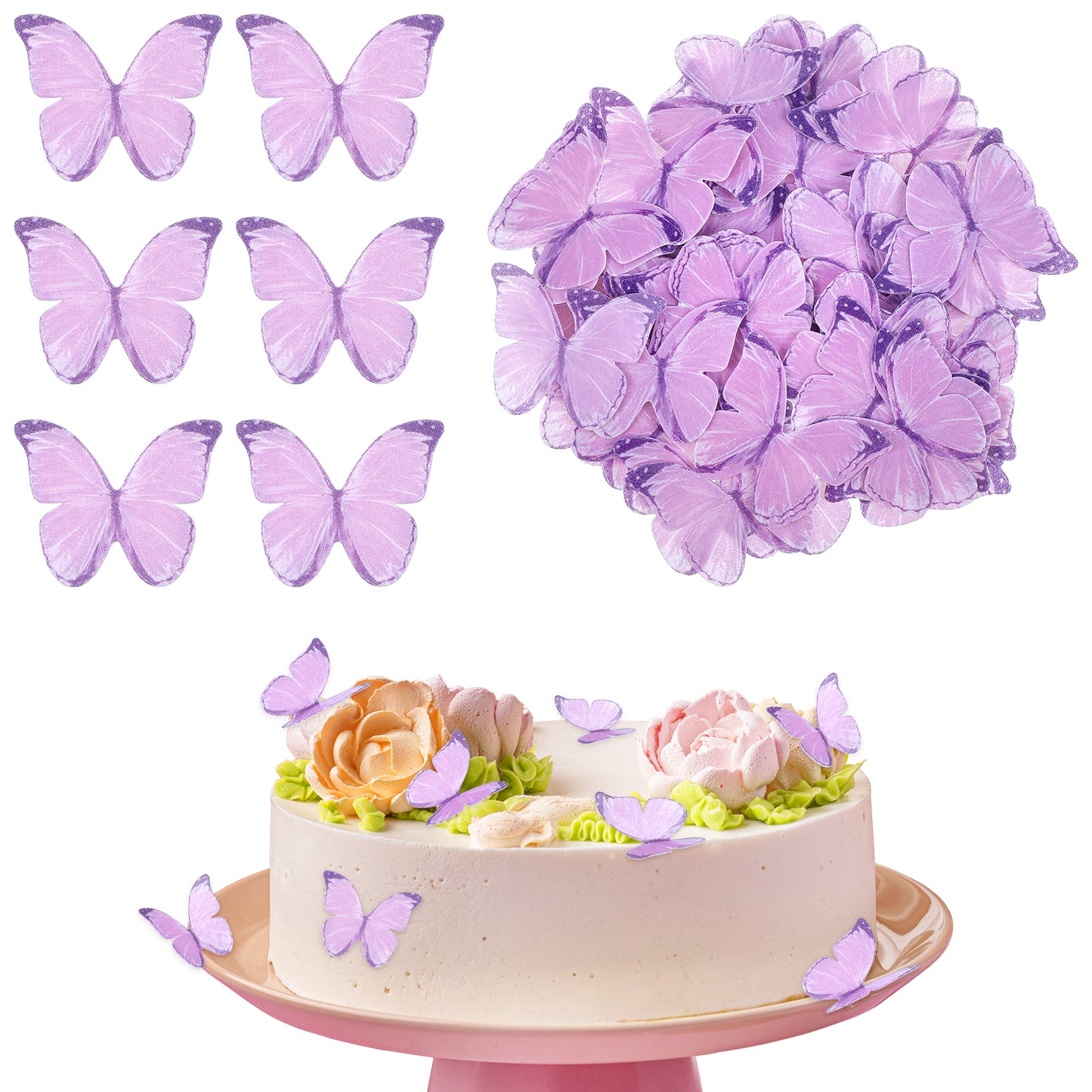 60 Pcs Purple Butterfly Cake Decorations, Butterfly Cupcake Toppers for Women, Small Pastel Purple Cake Topper for Birthday Party, Wedding, Wall Party Food Decorations, Wafer Paper Butterflies Decor