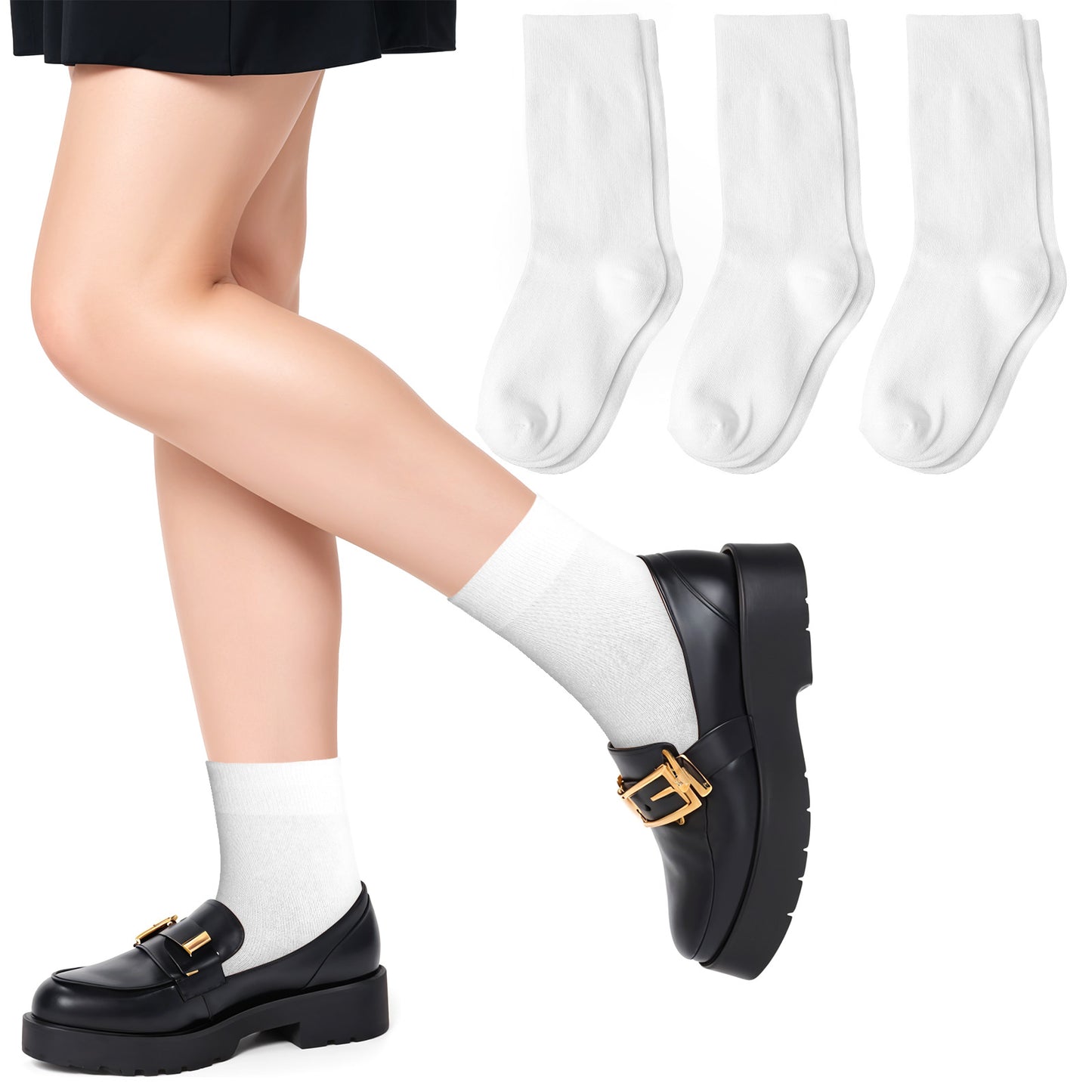 Tyqour 3 Pairs Knee High Socks for Girls 10.63inch White Knee High Socks Tube Socks Halloween Socks School Uniform Socks for Girls Boys 9-12years