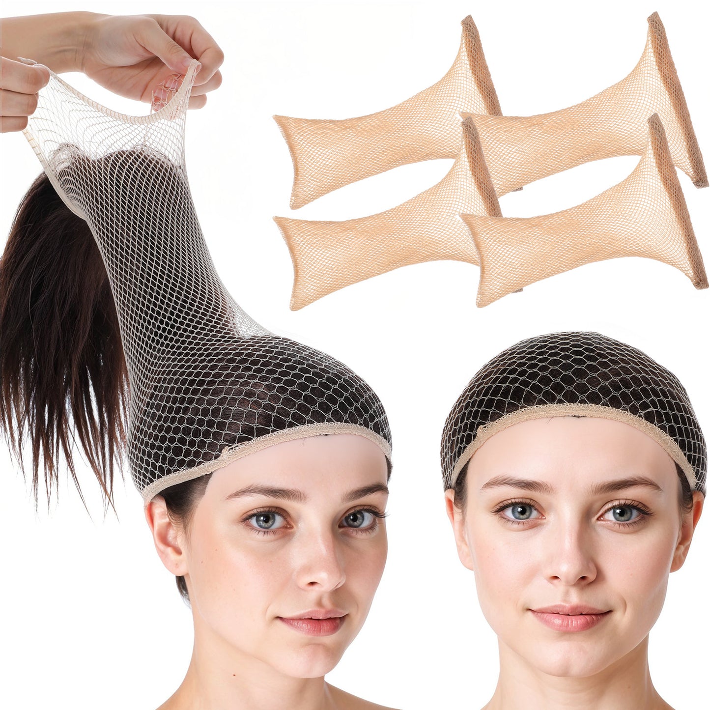 Mabor 4PCS Skin Tone Wig Caps for Women, Breathable Nylon Hair Net - 14x6cm Invisible Mesh Wig Cap, Non Slip Elastic Wigs Net for Long Hair, Cosplay & Daily Use