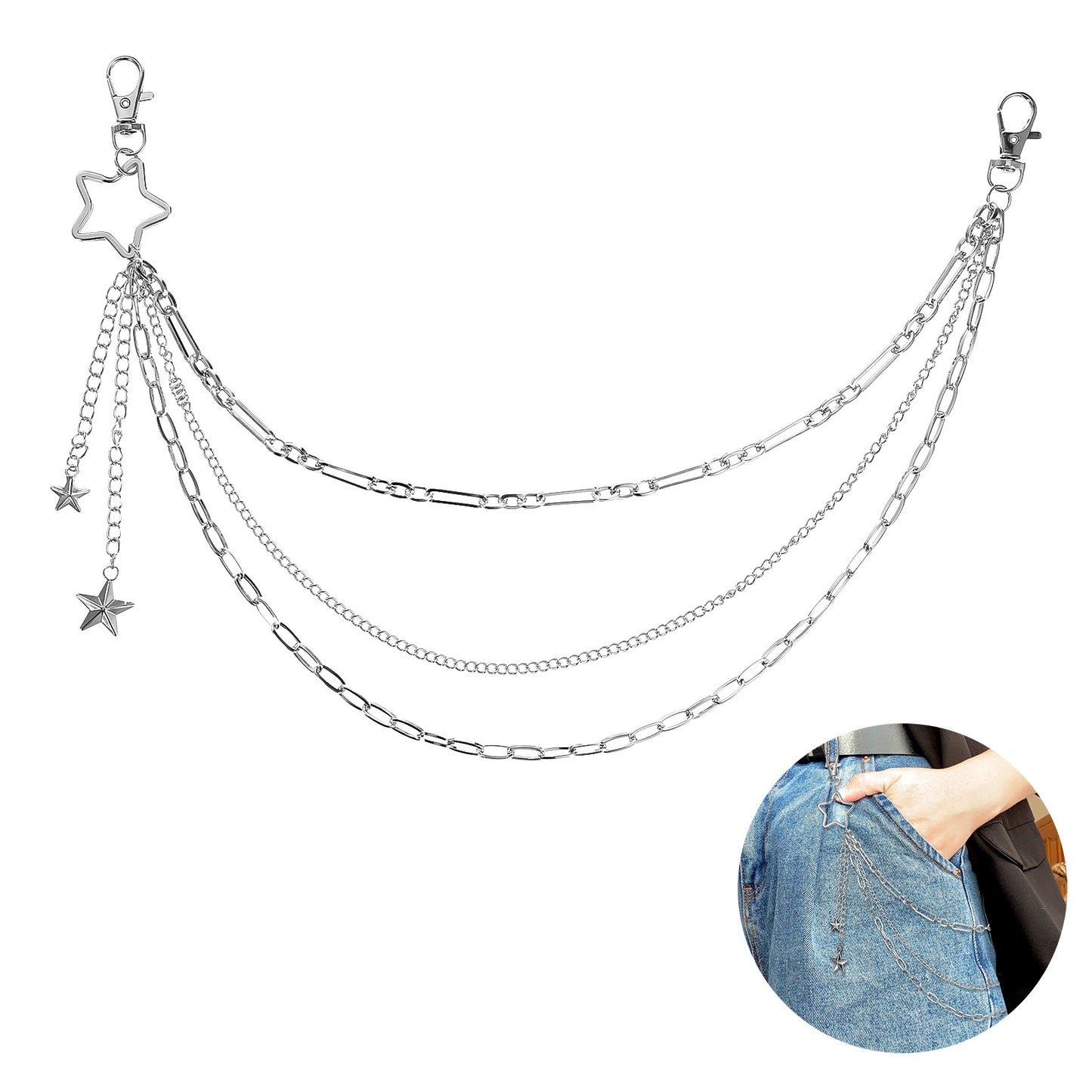 Star Pants Chain Silver Layered Jean Chain Belt For Men & Women Hip Hop Y2k Chains With Star Decorations Silver Chains For Pants Punk Wallet Pocket Accessories Festival Concert Cosplay