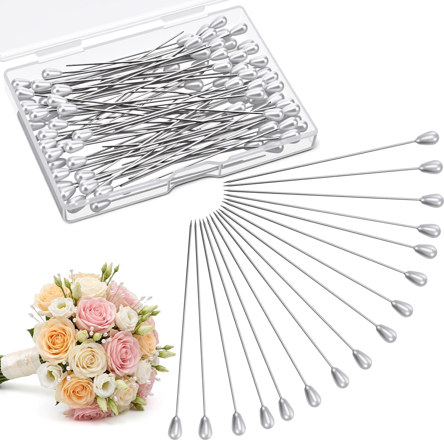 150PCS Corsage Pins, 3 Inch Teardrop Pearl Boutonniere Pins for Bouquets Wedding Bouquet Pin for Jewelry Making Flower DIY Decoration Quilting and Craft