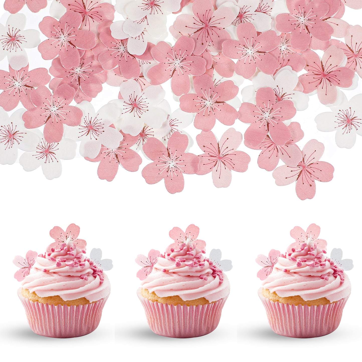 Nogeqi 60 Pcs Flowers Cupcake Decorations of Sakura,Cherry Birthday Decorations,Flower Cupcake Toppers for Birthday Cake Cocktails Party Food Decorating(3 Gradient Pink)