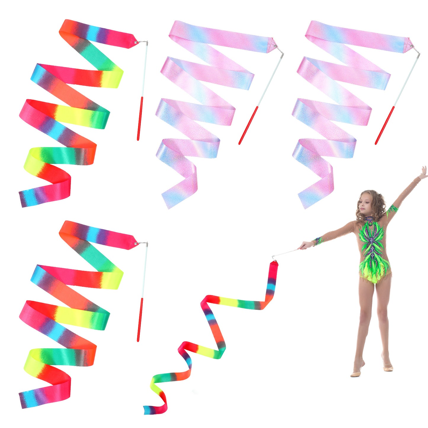 Bremorou 4Pcs Ribbon Dancer Wand For Kids,78.74 Inch Rhythmic Gymnastics Ribbons Dancer Wand With Rod, Soft Rainbow Ribbons Twirling Dance Streamers, Baton Stick Twirling for Kids Girls Adults