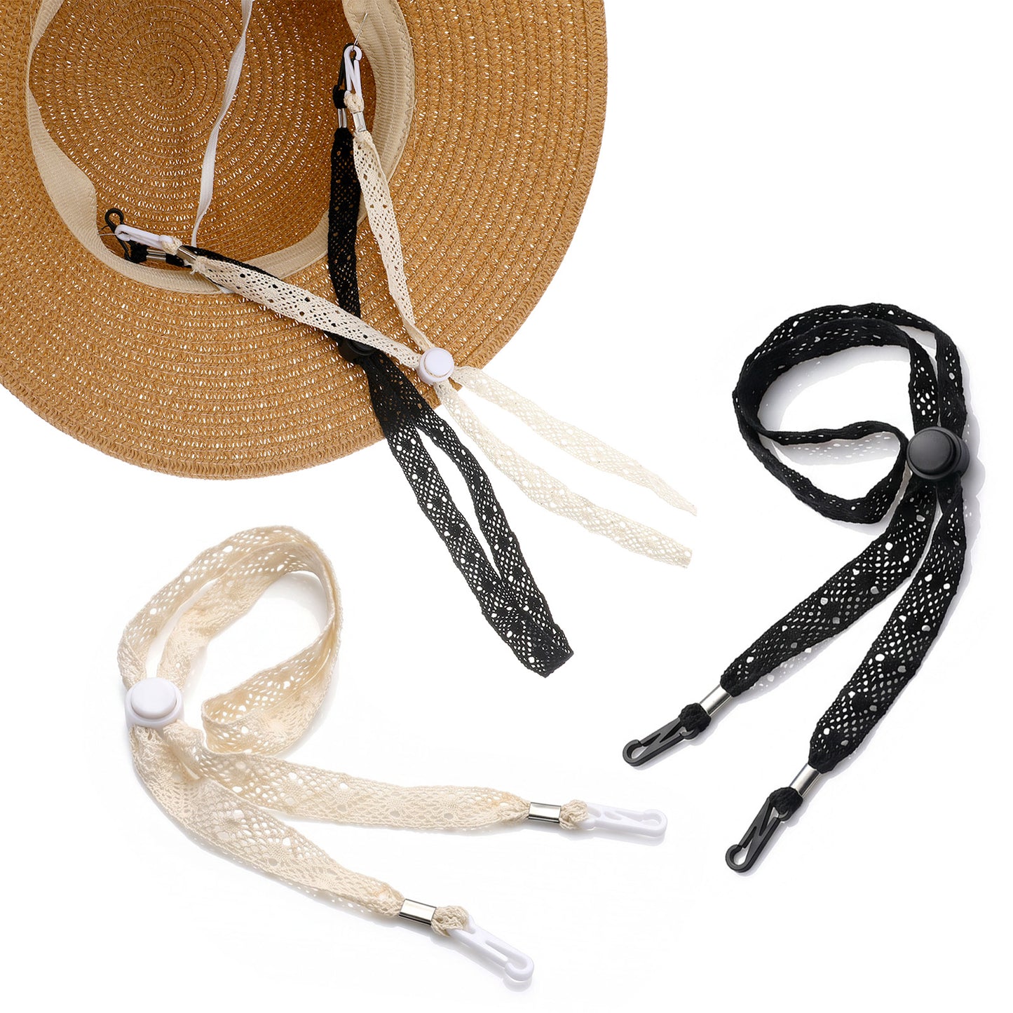 2 PCS Adjustable Wide Hat Strap Clips, Sun Hats Chin Straps for Wind, Lace Chin Cord for Boonie, Fishing-Hat, Straw Beach-Hat, Windproof Keeper String for Golfing, Boating, Sailing (Beige, Black)