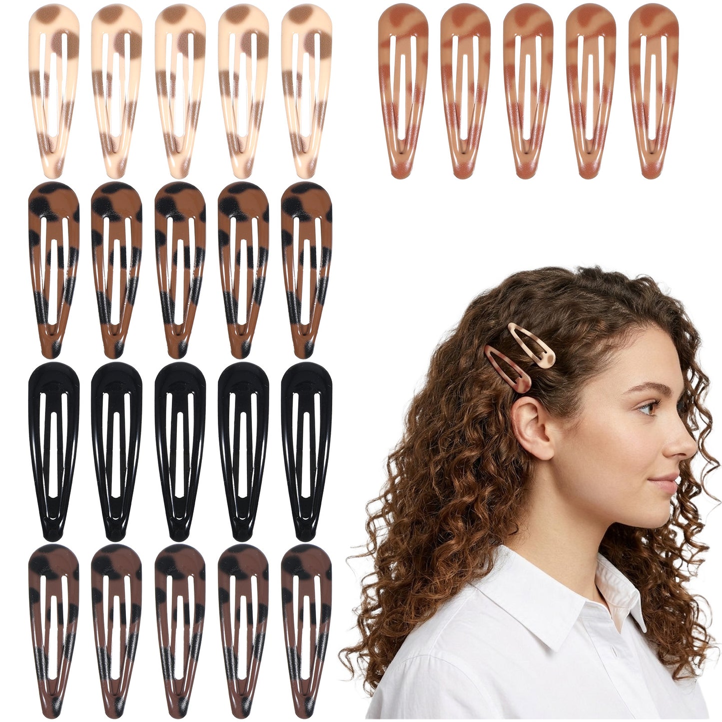 20PCS Snap Hair Clips Small Water Drop Snap Barrettes for Women No Slip Hair Barrettes for Thick and Thin Fine Hairs Black Tortoiseshell 1.89 X 0.59 Inch 5 Colors