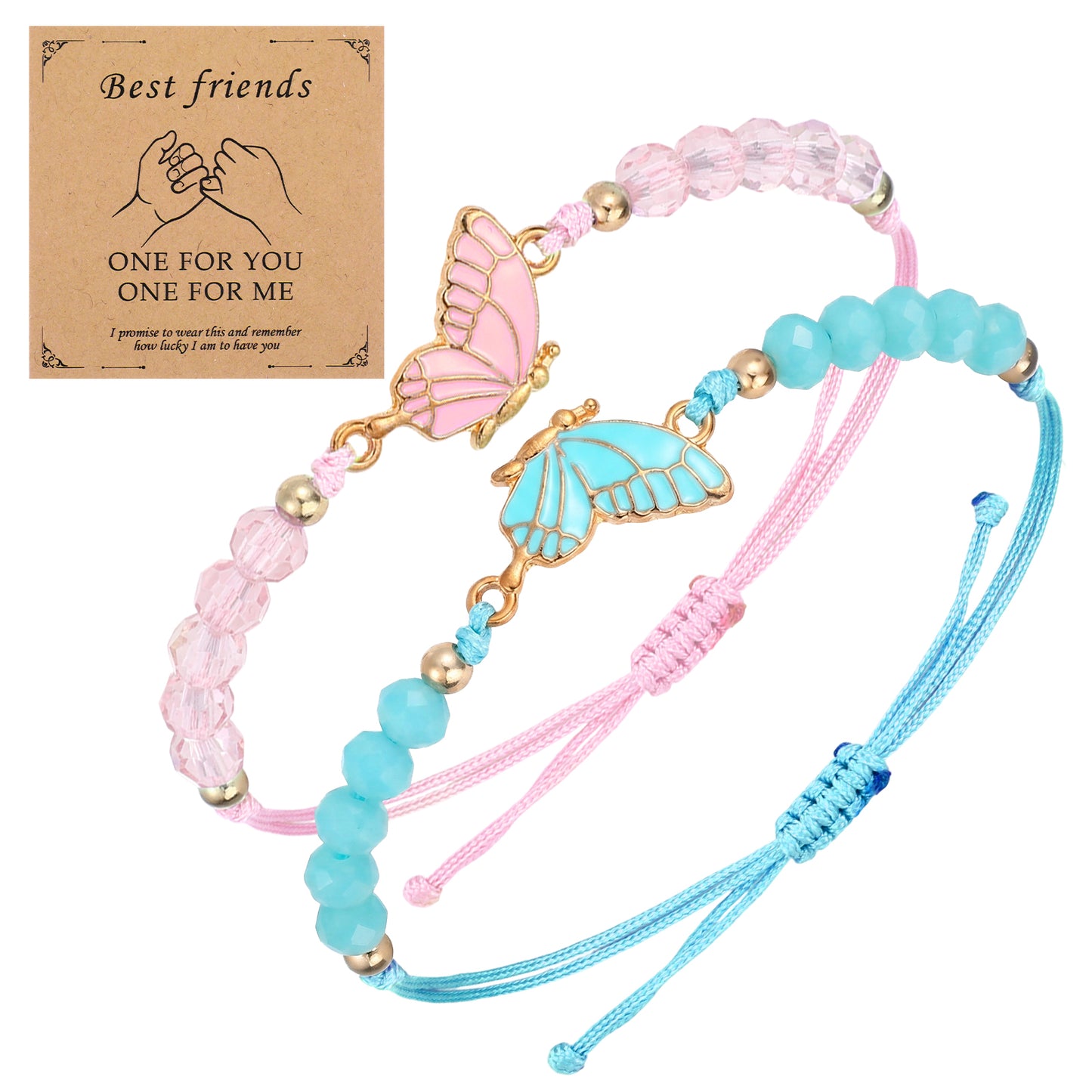 Nogeqi 2 Pcs Best Friend Bracelet, Friendship Bracelet, Adjustable Bff Bracelets, Butterfly Matching Bracelets for Couples,Handmade Charm Jewelry Gifts for Women Couples Bestie(Pink Blue)