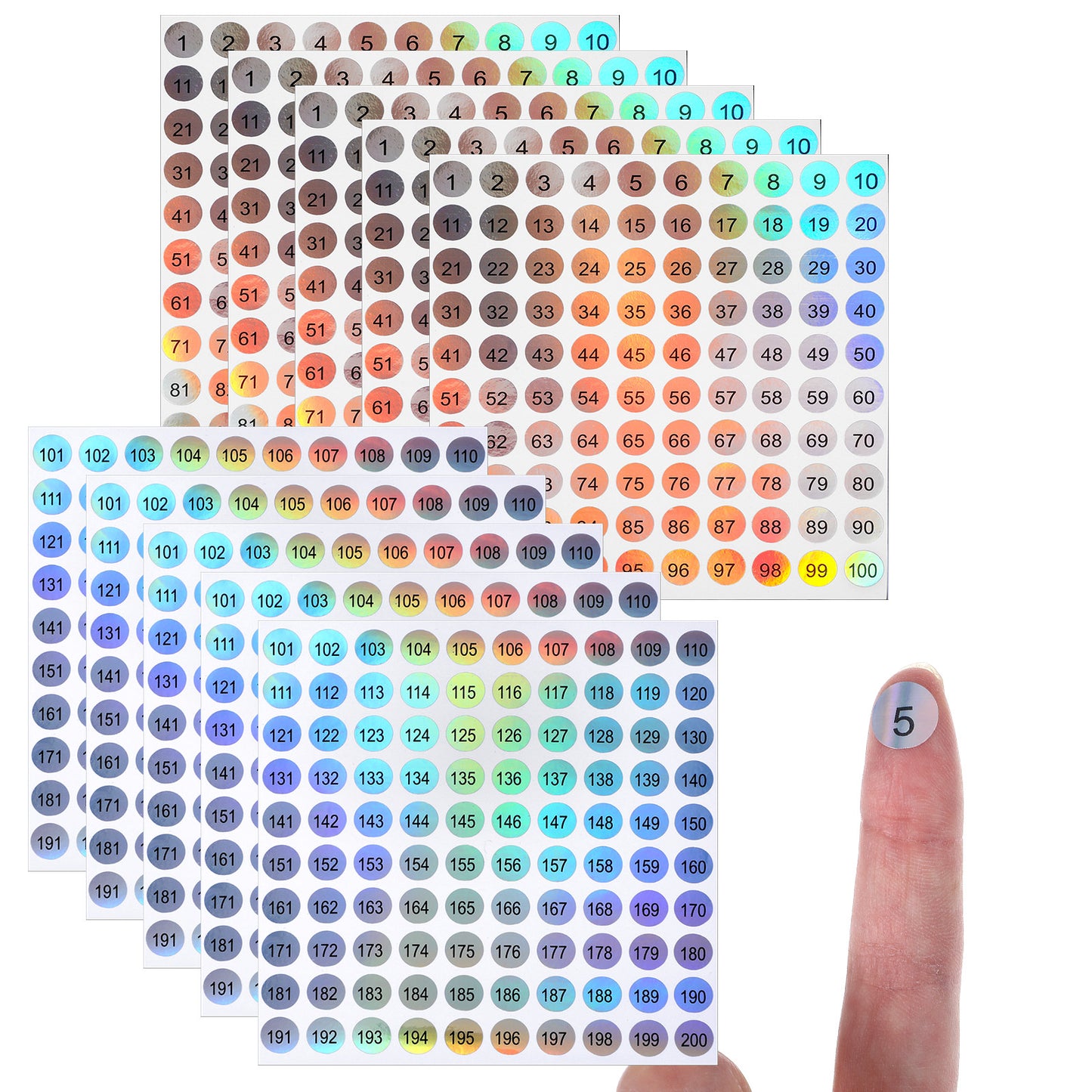 Matwsec 10 Sheets (1000 Pcs) Number Stickers, 1-200 Self-Adhesive Number Labels, 0.4 Inch Small Round Numbers Stickers for Office, Home, Kitchen, Classroom (Laser Color)