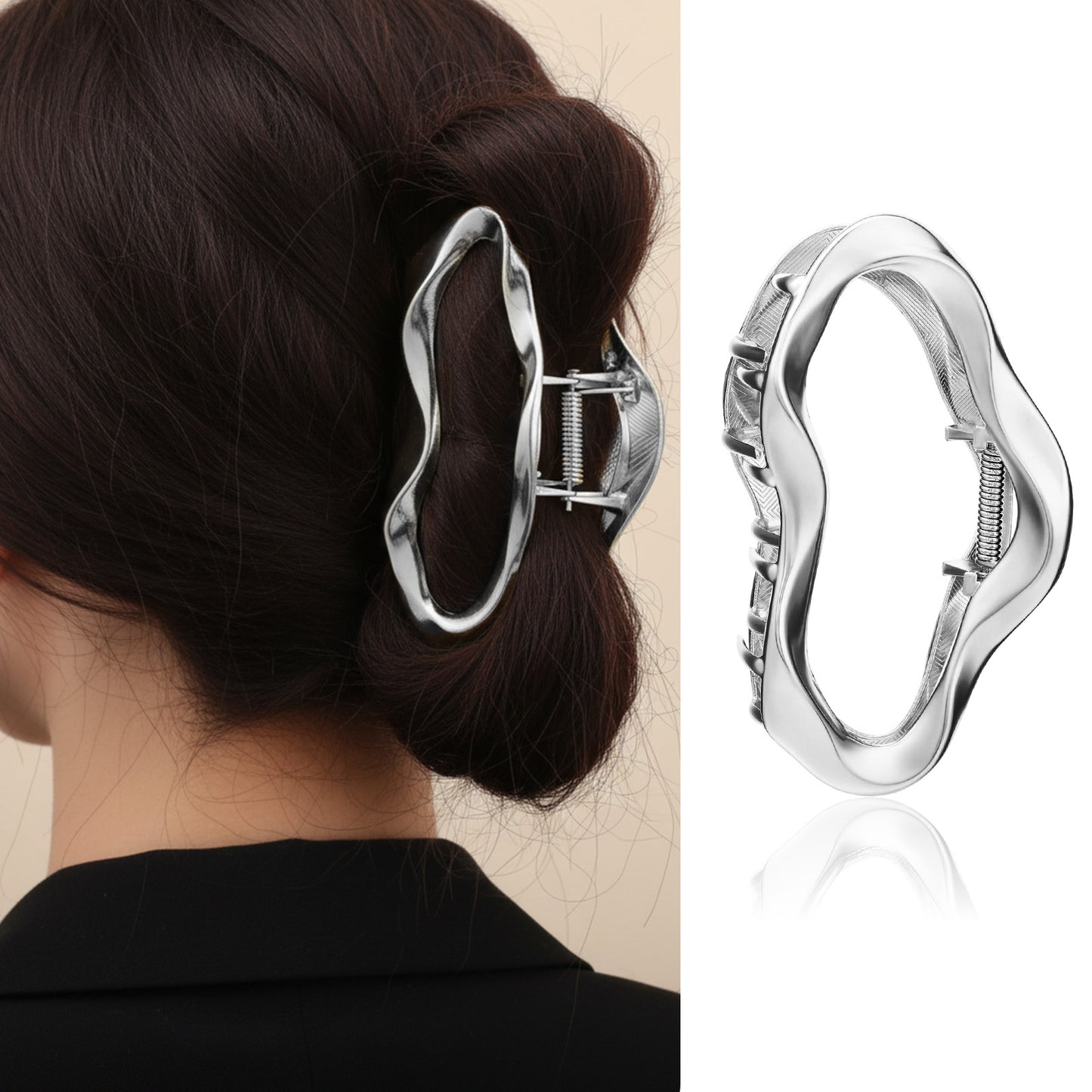 Ymapinc Large Silver Claw Clip for Women, Metal Cute Cloud Hair Accessory, Non-Slip Wave Shape Barrette, Styling Clip for Thick Thin Hair
