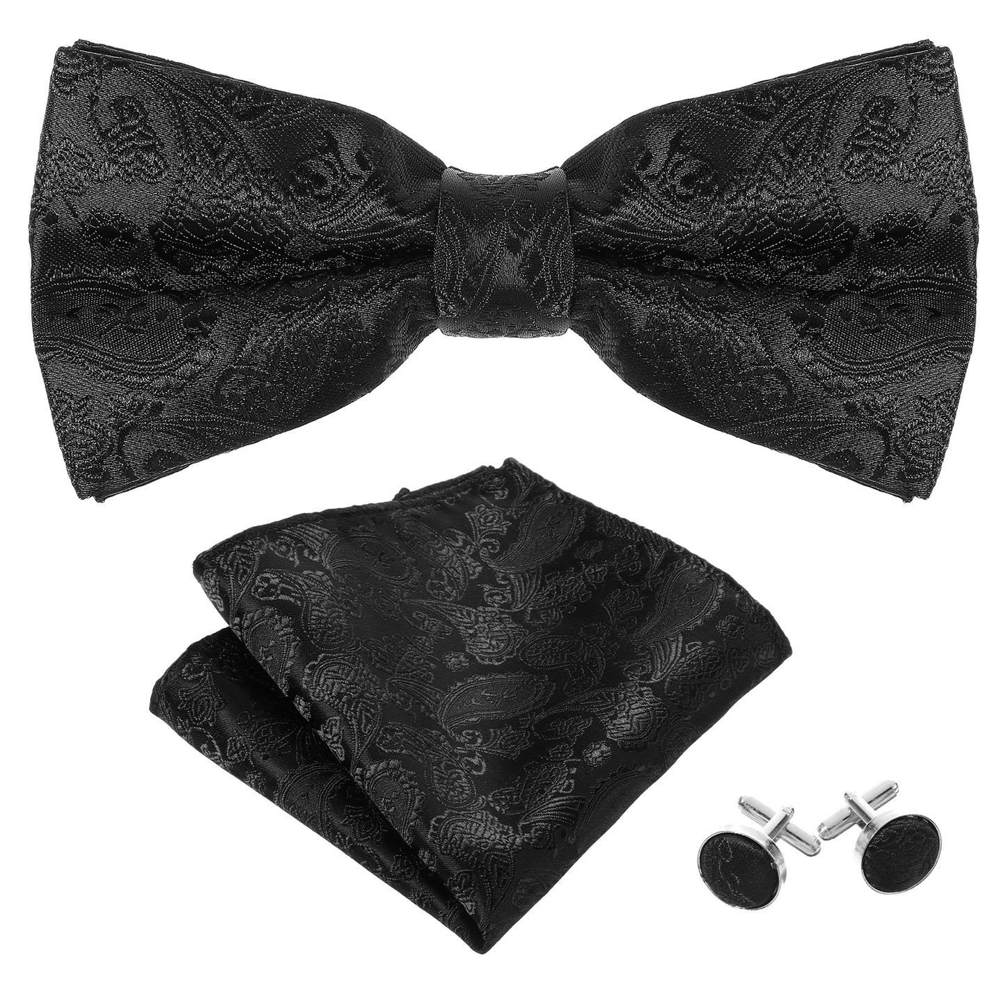 Ouligay Mens Paisley Pre-tied Black Bow Tie and Pocket Square Cufflinks Adjustable Pre-Tied Bowties Black Bow Ties for Men Formal Wedding Party