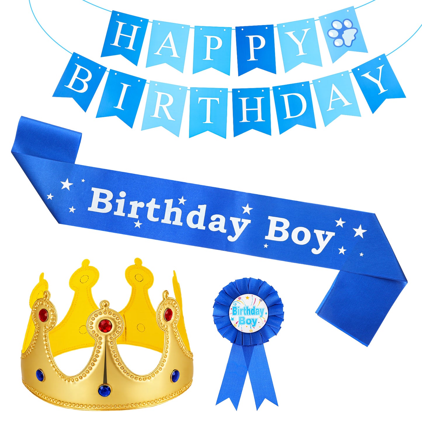 Nogeqi Birthday Boy Sash Crown Pin Set, Birthday King Crown Button Pins for Men Party Decorations Celebration Accessories Set (Blue)
