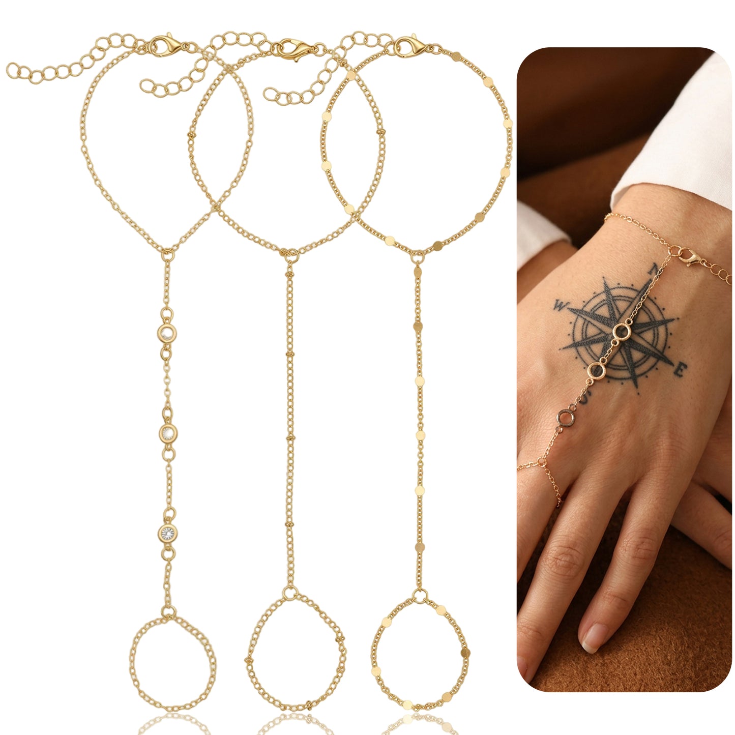 RAHHLIZS 3 Pcs Bracelet Ring Hand Chain 14K Gold-Plated Hand Chains Ring Bracelets, Chain Ring Handchain, Trendy Adjustable Gold Chain Braclet Birthday Gifts Christmas Stocking Stuffer for Women