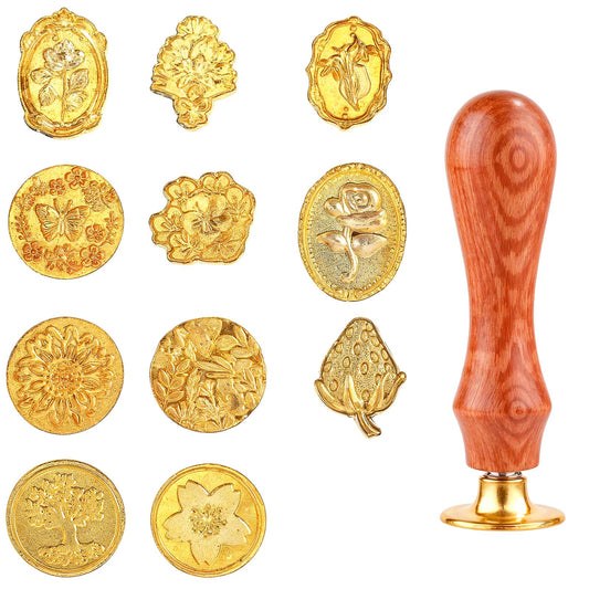 Wax Seal Stamp Kit, 13PCS Gold Wax Seals Stamp Vintage Classic Sealing Head with Wooden Handle for Party Wedding Invitation Cards Envelopes Gift Wrapping Letter (12 Patterns)