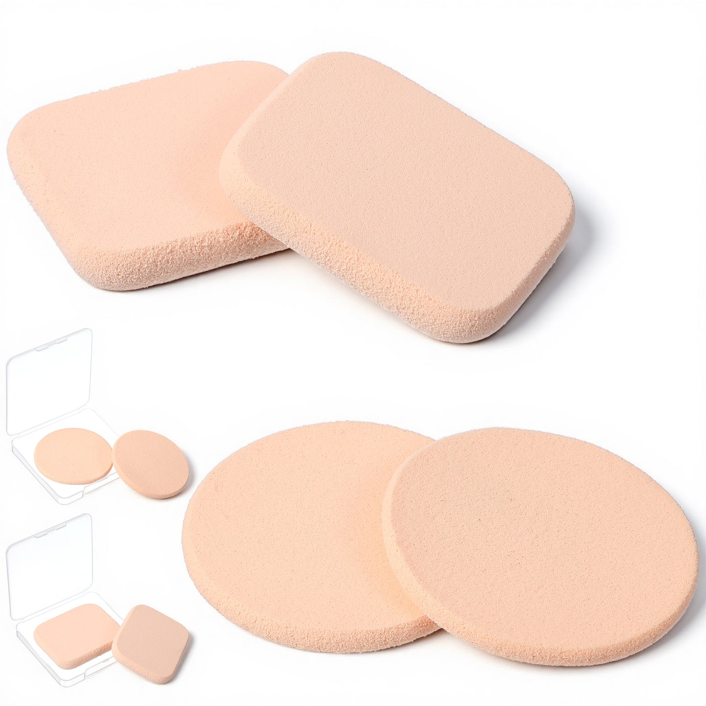 4PCS Round and Square Makeup Sponges for Foundation with Travel Case, Face Makeup Powder Puff Foundation Sponge, Cosmetic Sponge for Flawless Foundations, Sensitive and All Skin