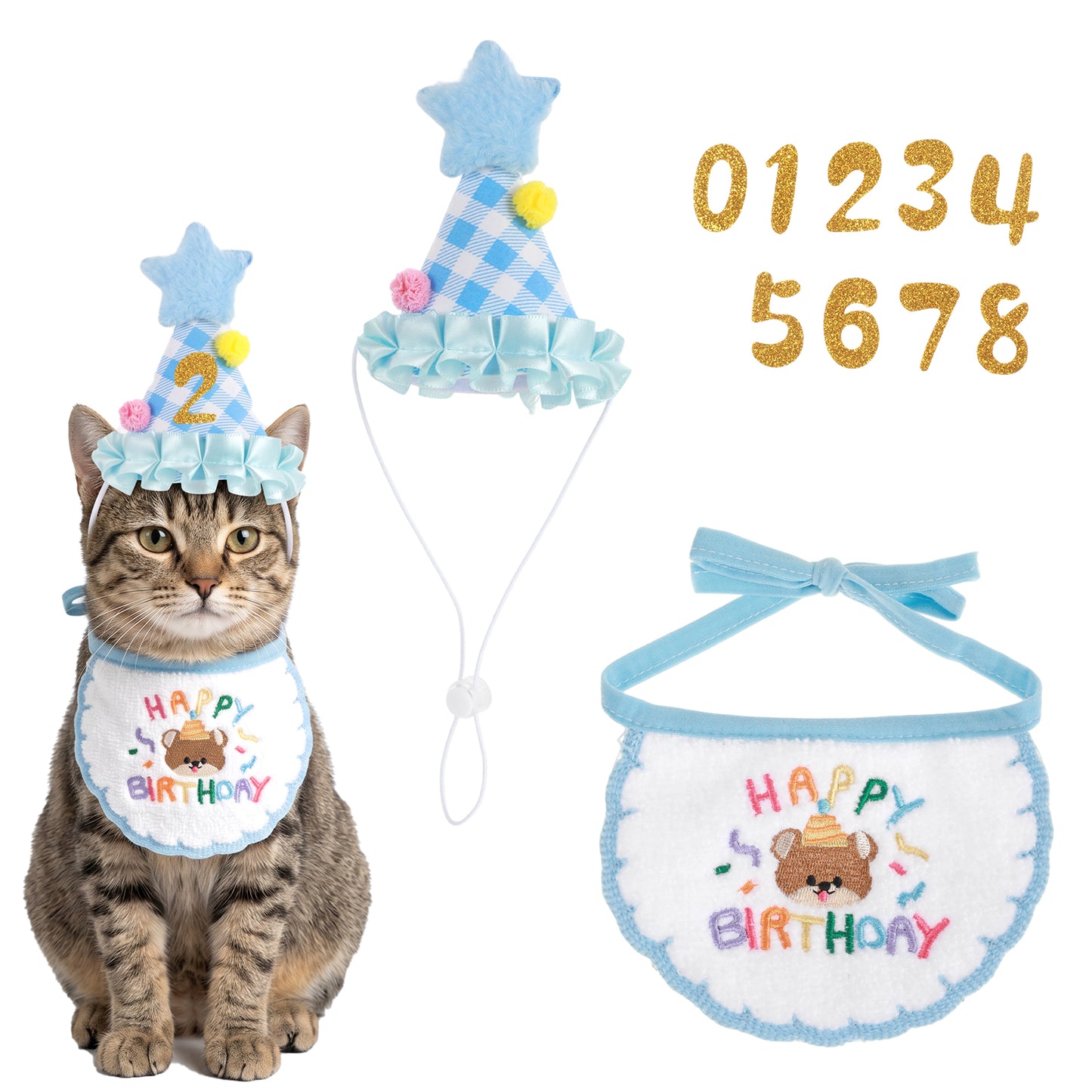 Blue Cat Birthday Hat Cat Birthday Party Supplies Numbers Decorations Pet Birthday Outfit Hats Bandana for Dog Small Pets