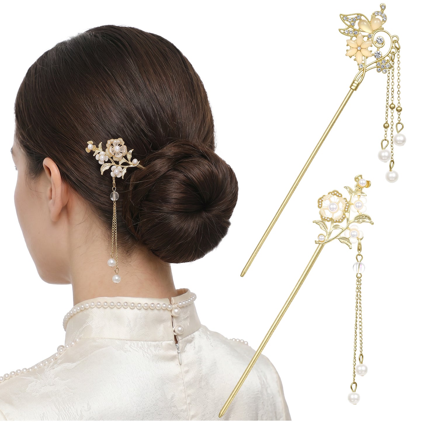 RAHHLIZS 2 PCS Chinese Hair Sticks for Women,Alloy Flower Retro Gold Tassel Chinese Hair Pins Butterfly Love Flower Hairpins for Women Blossom Fortune Asian Hanfu Japanese Hair Accessories