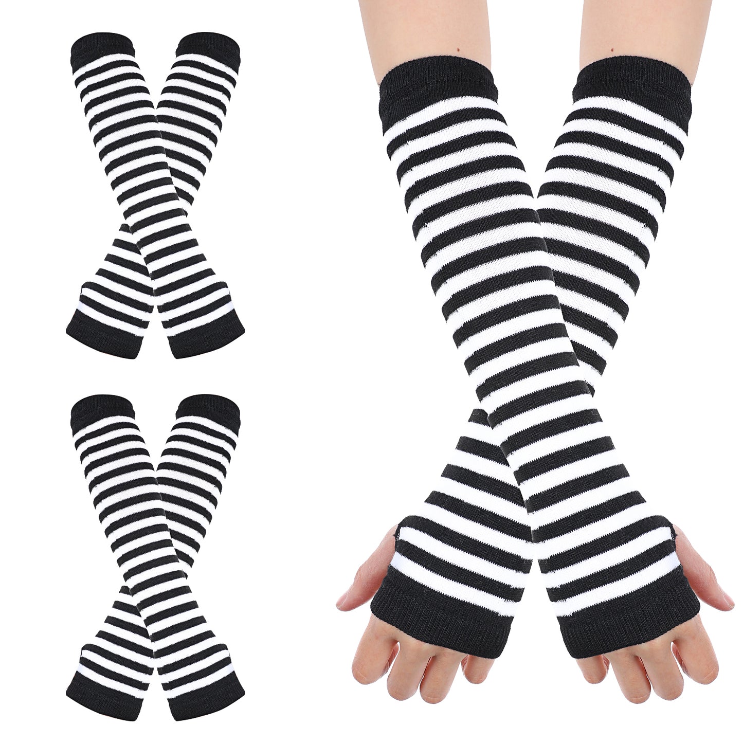 Xinjoduz 2 Pairs Arm Warmers Women, Warm Gloves Fingerless Black and White Striped Arm Warmers Winter Knitted Stretchy Elbow Length Gloves for Punk Rock Cosplay Goth Christmas Party