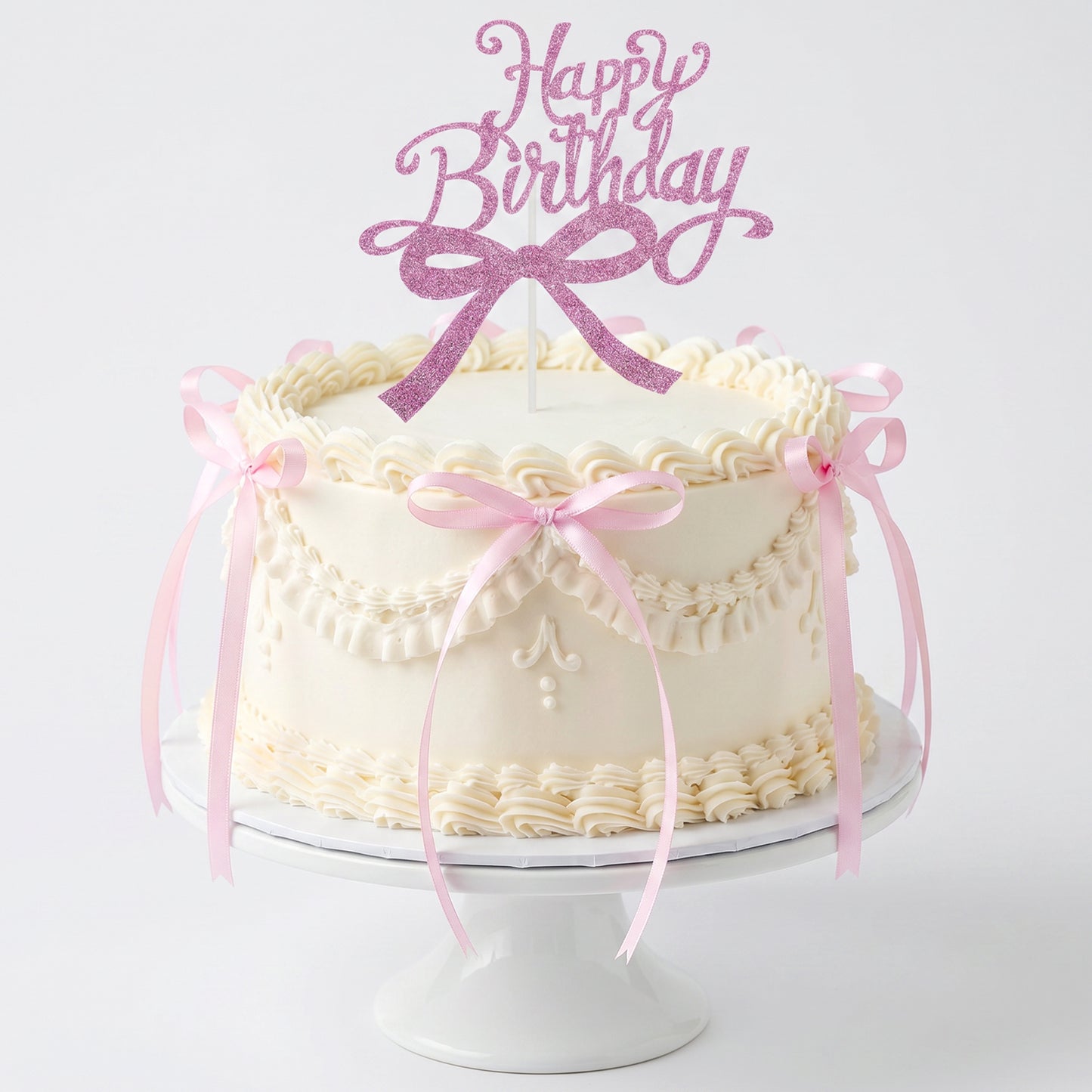 Ouligay 18PCS Bow Cake Toppers with 1 PCS Pink Happy Birthday Cake Topper Ribbon Bows for Cake Decorations Coquette Themed Bow Cake Decor for Wedding, Bridal Shower,Anniversary,Bachelorette