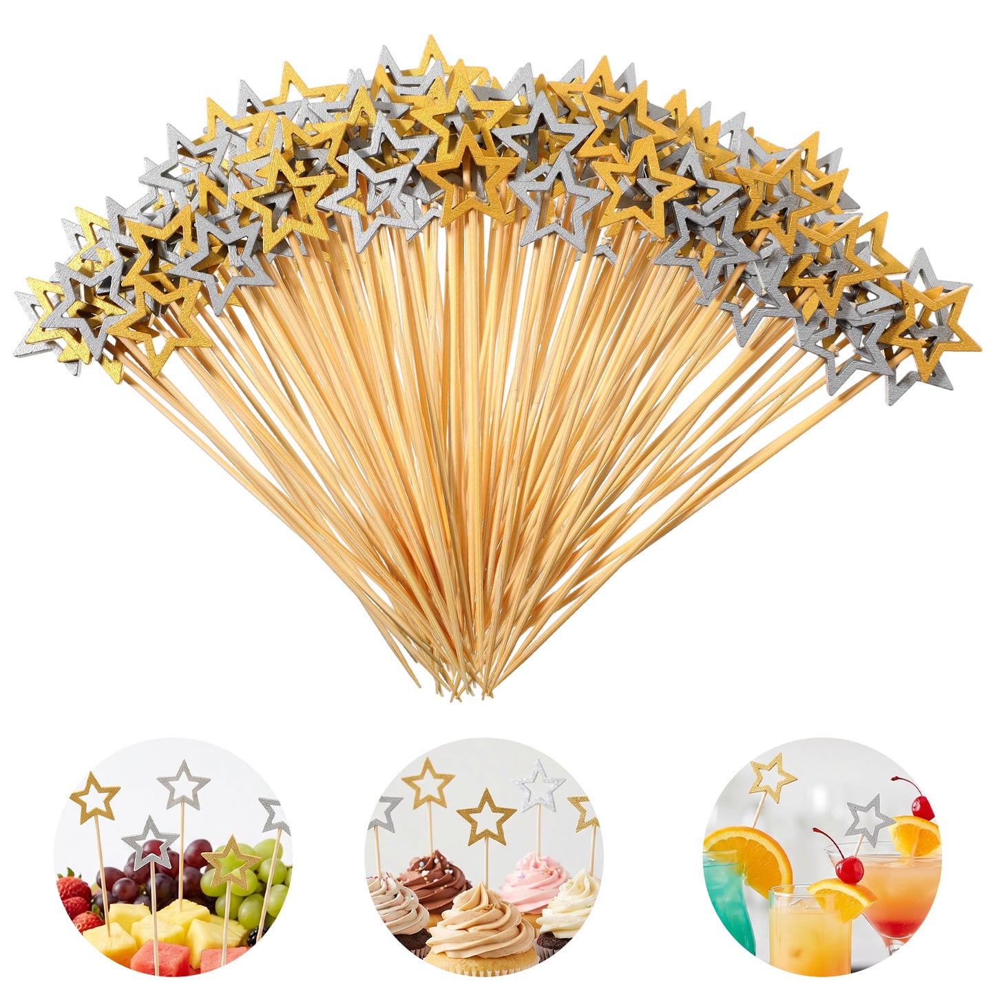 RAHHLIZS 50PCS Star Cocktail Picks, 5.4 Inch Bamboo Cocktail Sticks, Gold Silver Star Toothpicks for Party Drinks, Appetizers, Cakes & Fruit