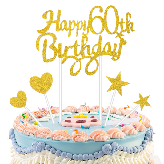 Tyqour Happy 60th Birthday Cake Topper Set, 60th Birthday Decorations for Woman and Men, Elegant Gold 60 Cake Topper for Memorable Celebrations