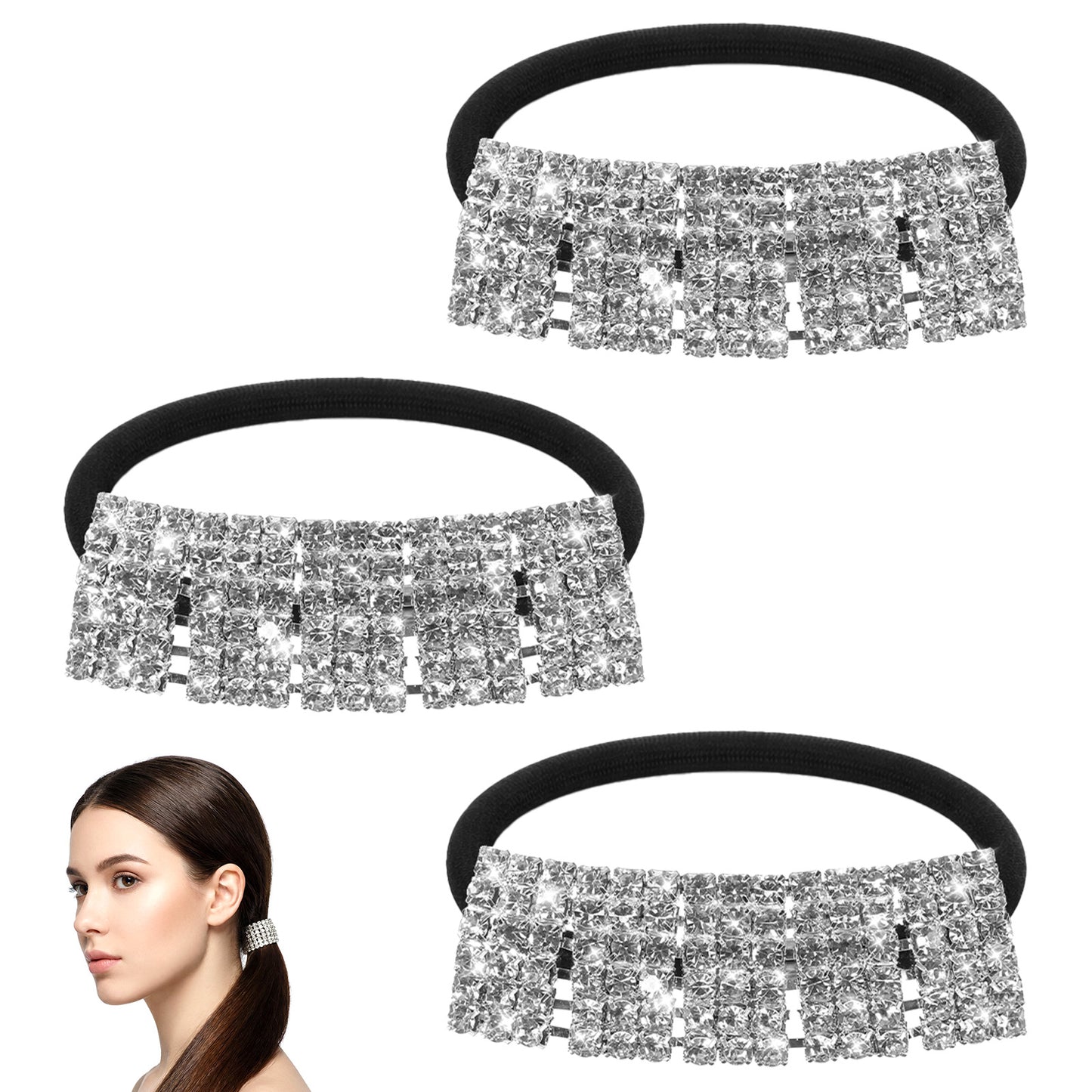 Mabor 3PCS Silver Rhinestone Ponytail Holders - Sparkly Hair Ties with Elastic Band, Crystal Hair Accessories for Women
