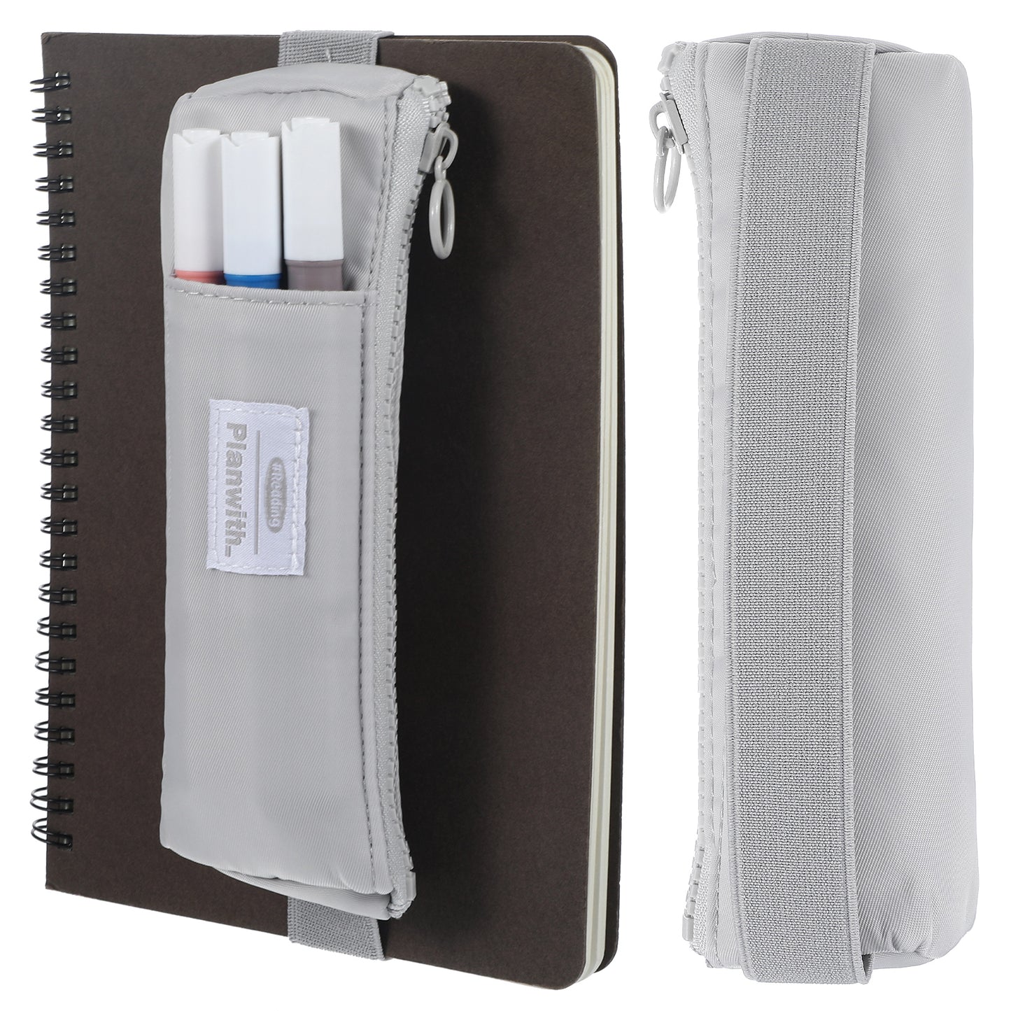 Ymapinc Pencil Holder Pouch, Small Pen Holder with Zipper for Notebook Journal Case Book Pen Holder for Travel Hardcover Book Accessory Slim Grey Pencil Case for Planners