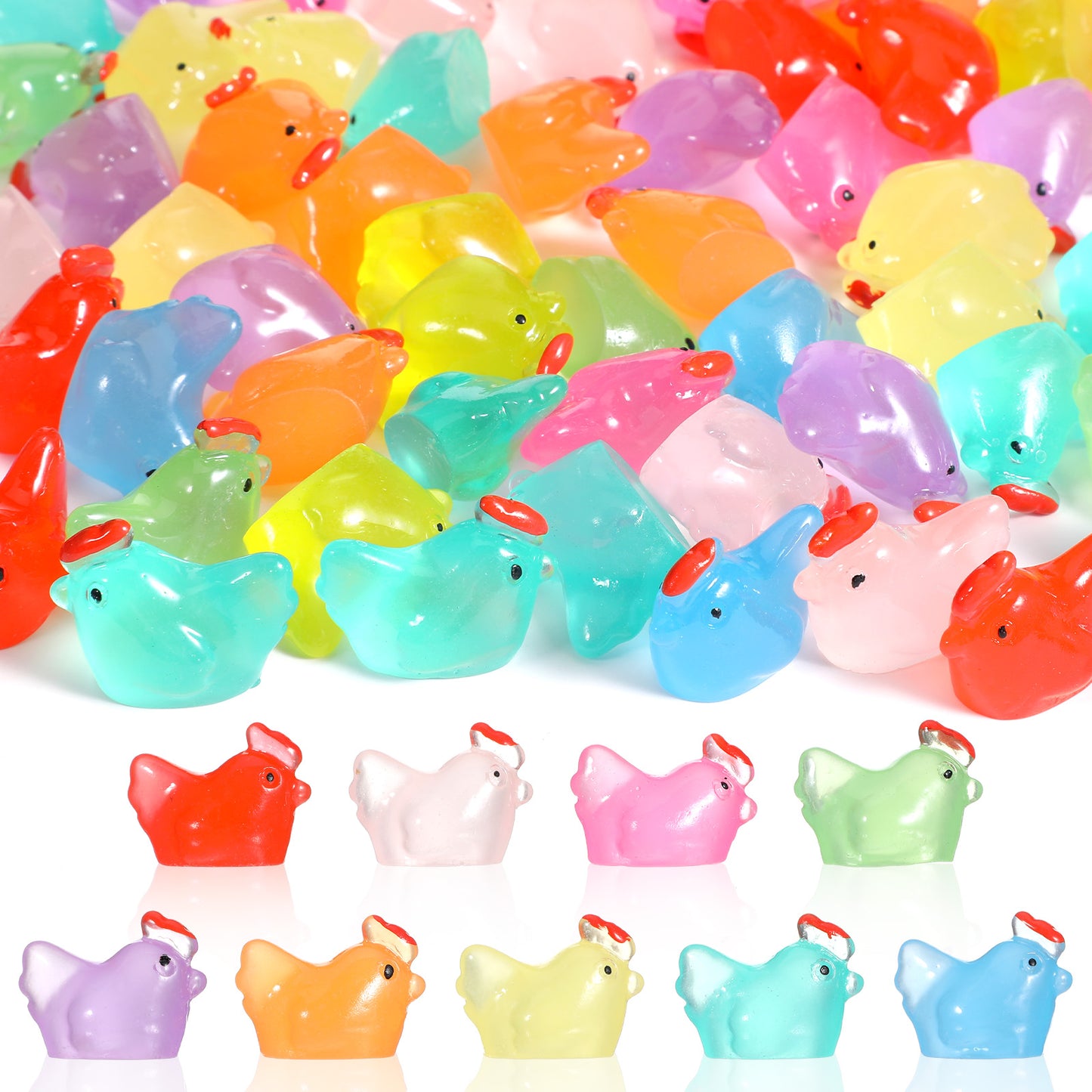 Ouligay 64pcs Luminous Mini Resin Chickens Animals Mini Chicken Figurines Easter Decorations for DIY Craft, Garden Decor, Home Decor