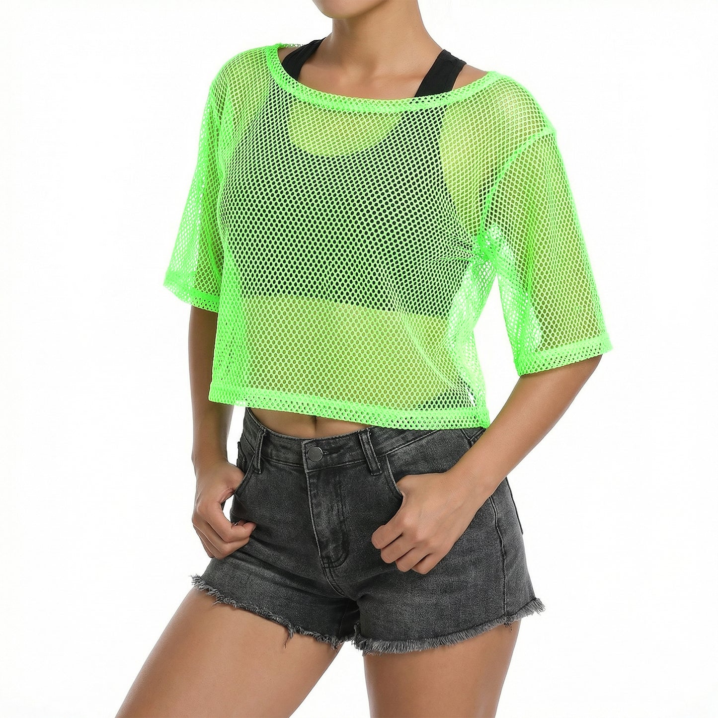 Matwsec 1 Pc 80s Neon Shirts for Women, Fishnet Mesh Top, Neon Party Clothes for Women Masquerade Disco Party, Fluorescent Green (23.6 In Bust, 20.5 In Length)